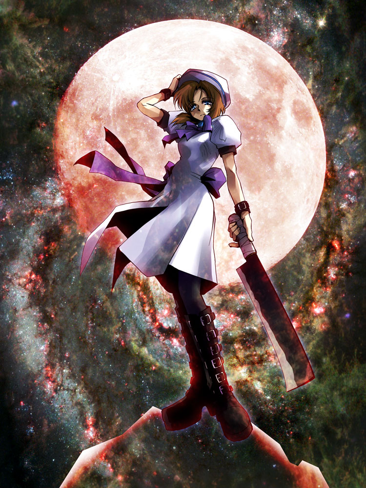 kamotama, ryuuguu rena, higurashi no naku koro ni, 00s, 1girl, billhook, blue eyes, boots, dress, female focus, hashitsuki nata, hat, hatchet, knee boots, moon, nata (tool), orange hair, short hair, solo, wristband