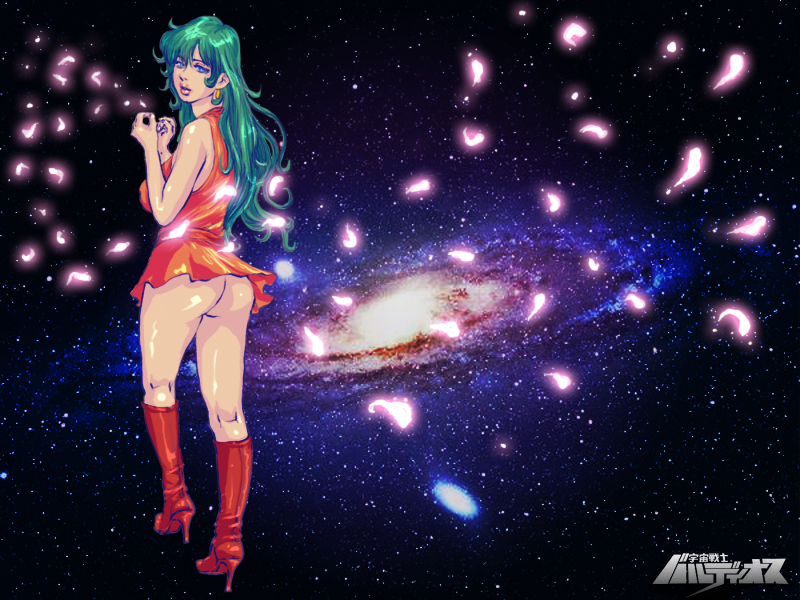 oprince, aphrodia, baldios, uchuu senshi baldios, 1980s (style), 1girl, ass, blue eyes, boots, bottomless, dress, female focus, galaxy, glowing, green hair, lipstick, makeup, no panties, oldschool, petals, retro artstyle, solo, space