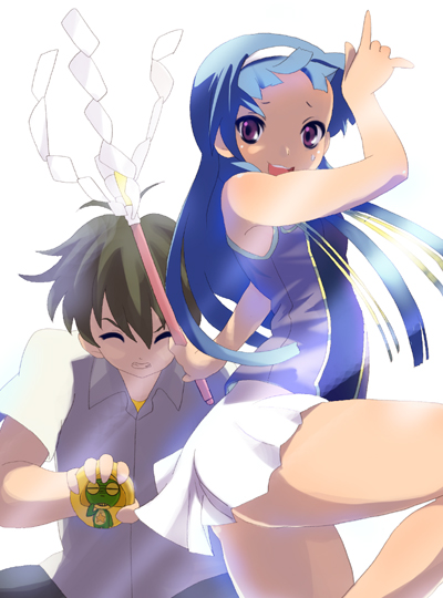 sora to umi, keroro, mikuriya jin, nagi, kannagi, keroro gunsou, 00s, 1boy, 1girl, armpits, ass, blue hair, blunt bangs, cameo, flat chest, pleated skirt, purple eyes, skirt, wand, white skirt