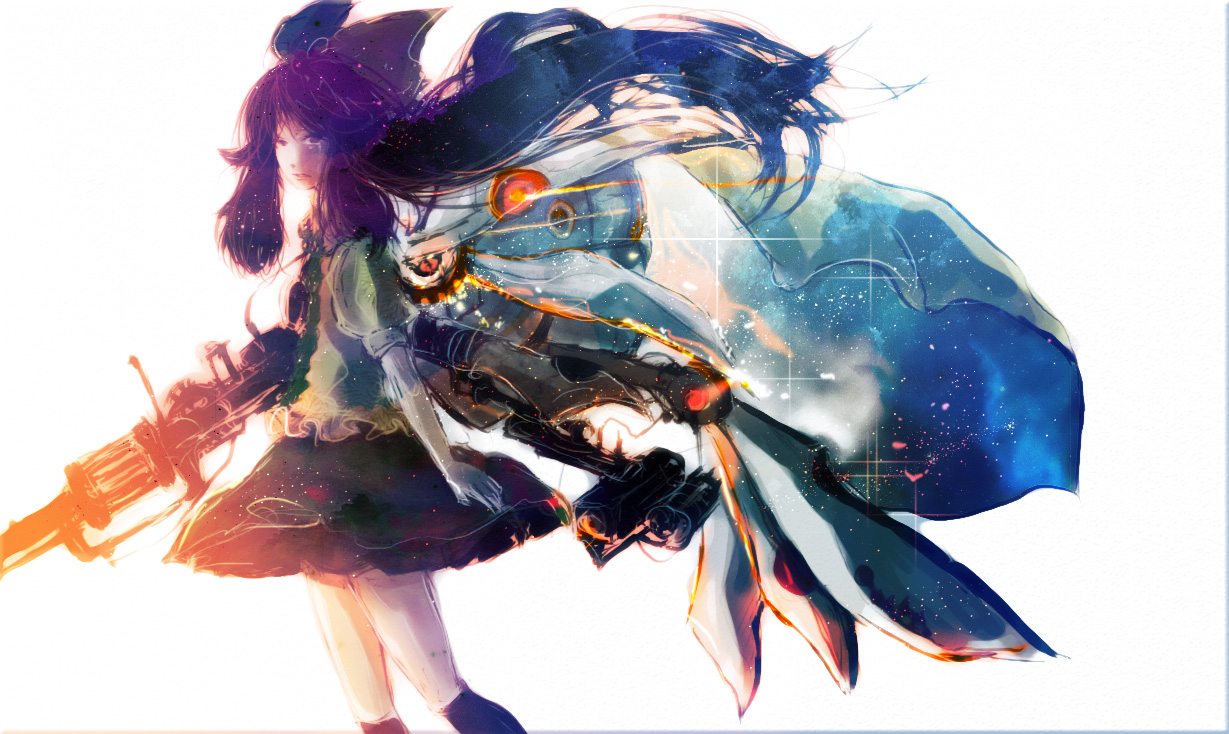 destroyb, reiuji utsuho, saishuu heiki kanojo, touhou, bad id, bad pixiv id, 1girl, cloak, female focus, parody, skirt, solo, tears, white background