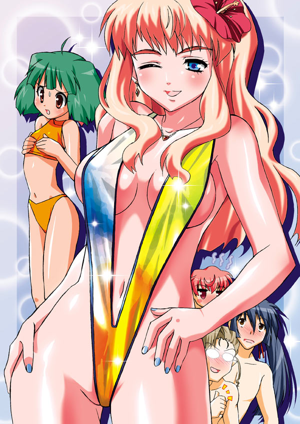 nal, nal (studio ng), studio ng, mikhail buran, ranka lee, saotome alto, sheryl nome, macross, macross frontier, 00s, 2girls, 3boys, bikini, blue eyes, long hair, multiple boys, multiple girls, one eye closed, pink hair, slingshot swimsuit, swimsuit, wink