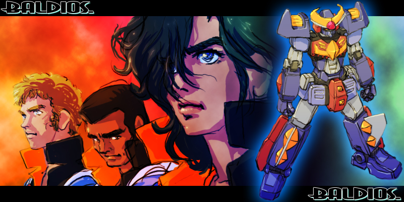 oprince, baldios, hokuto raita, jack oliver, marin (space warrior baldios), uchuu senshi baldios, 1980s (style), 3boys, glowing, male focus, mecha, multiple boys, oldschool, retro artstyle, robot