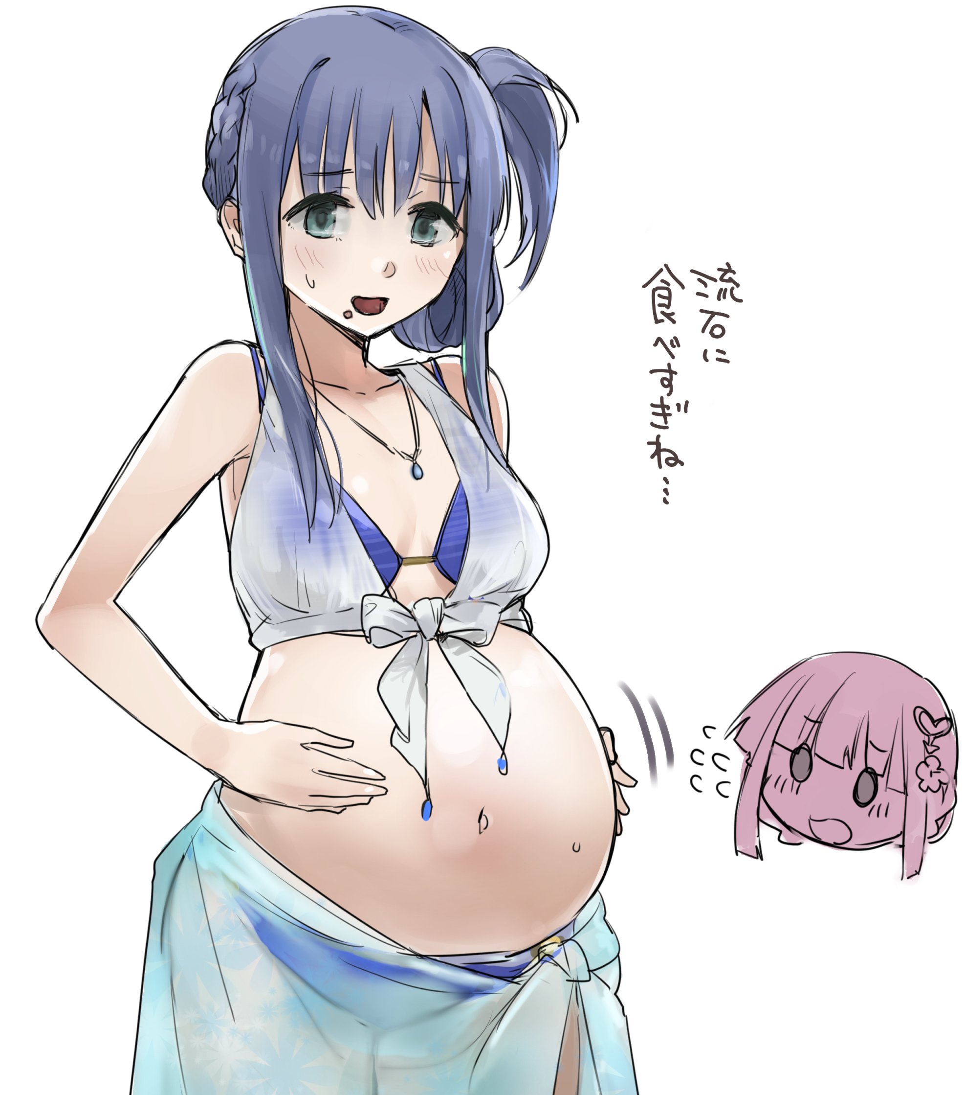 aimitsu (ibityuttyu), nanami yachiyo, tamaki iroha, magia record: mahou shoujo madoka magica gaiden, mahou shoujo madoka magica, highres, big belly, bikini, bloated, blue bikini, blue hair, bow, collarbone, full stomach, hands on own stomach, jewelry, looking at viewer, navel, necklace, overeating, sweatdrop, swimsuit, white bow