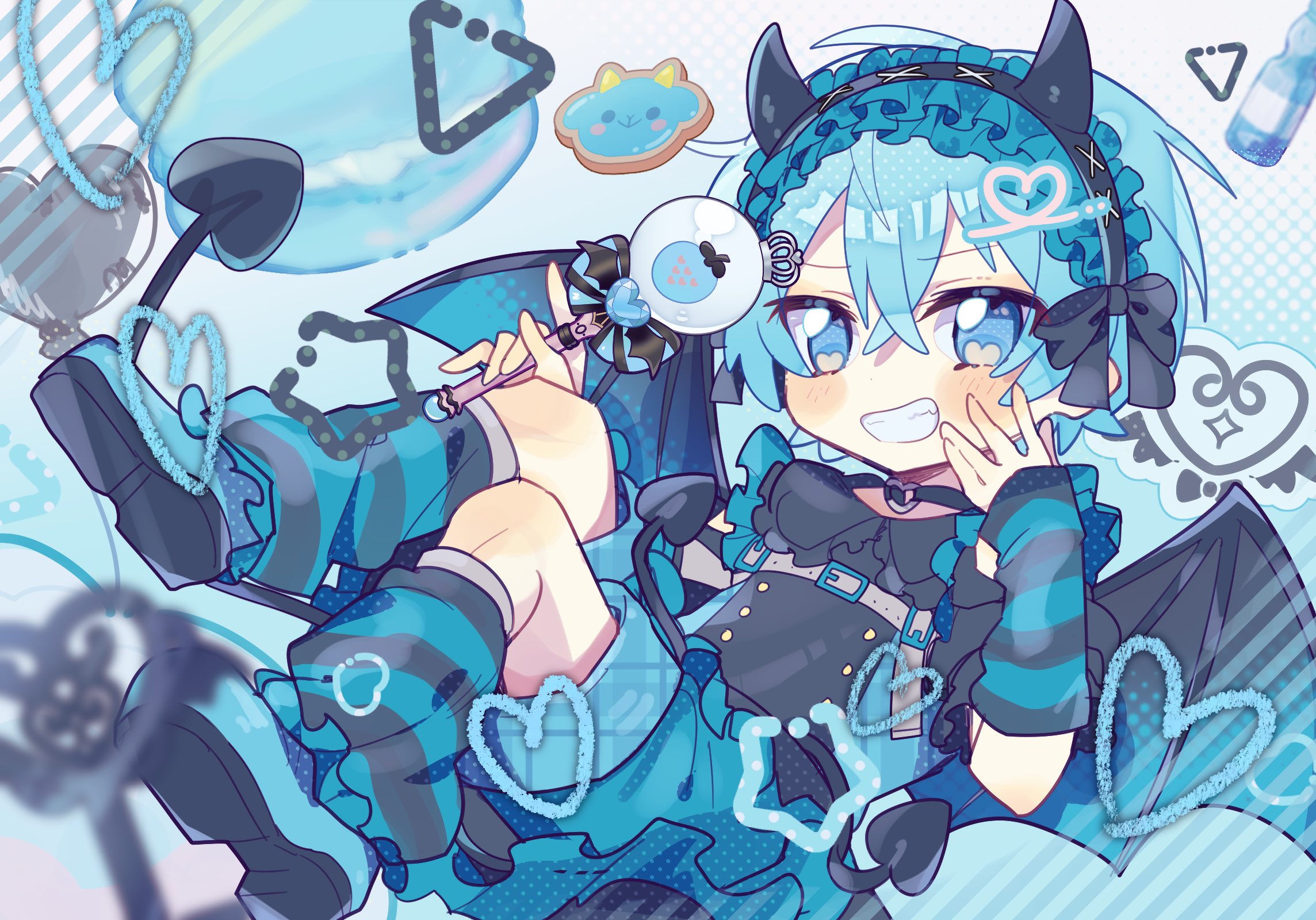 colon (stpri), strawberry prince, commentary, highres, 1boy, balloon, black bow, black headband, black shirt, black wings, blue eyes, blue hair, blue shoes, blue shorts, blush stickers, bow, chest harness, chibi, chibi only, fake horns, floating, frilled headwear, full body, hair between eyes, harness, headband, heart, heart balloon, holding, holding wand, horns, index finger raised, male focus, pitupituta, shirt, shoes, short hair, shorts, smile, solo, star (symbol), striped arm warmers, wand, wings