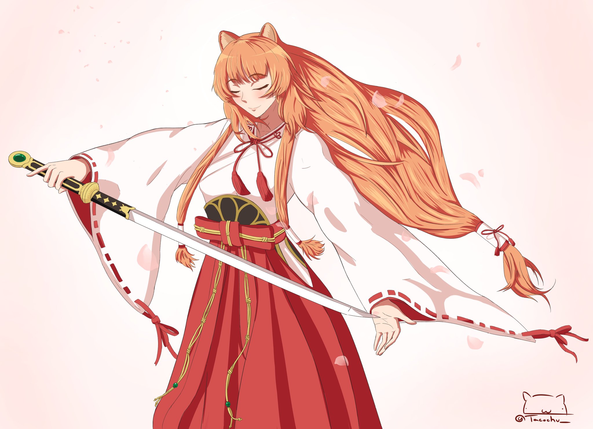 tacochu, raphtalia, tate no yuusha no nariagari, commentary, commission, english commentary, highres, 1girl, animal ear fluff, animal ears, artist name, blunt bangs, breasts, brown hair, closed eyes, closed mouth, collarbone, cowboy shot, eyelashes, floating hair, hair tubes, hakama, hakama skirt, hands up, holding, holding sword, holding weapon, japanese clothes, katana, kosode, long hair, long sleeves, miko, neck tassel, ponytail, raccoon ears, raccoon girl, raised eyebrows, red hakama, red ribbon, red sash, red skirt, ribbon, ribbon-trimmed sleeves, ribbon trim, sash, signature, simple background, skirt, small breasts, smile, solo, standing, swept bangs, sword, tassel, twitter username, vassal katana (tate no yuusha no nariagari), vassal katana (white tiger katana) (tate no yuusha no nariagari), weapon, white background, white kosode, wide sleeves