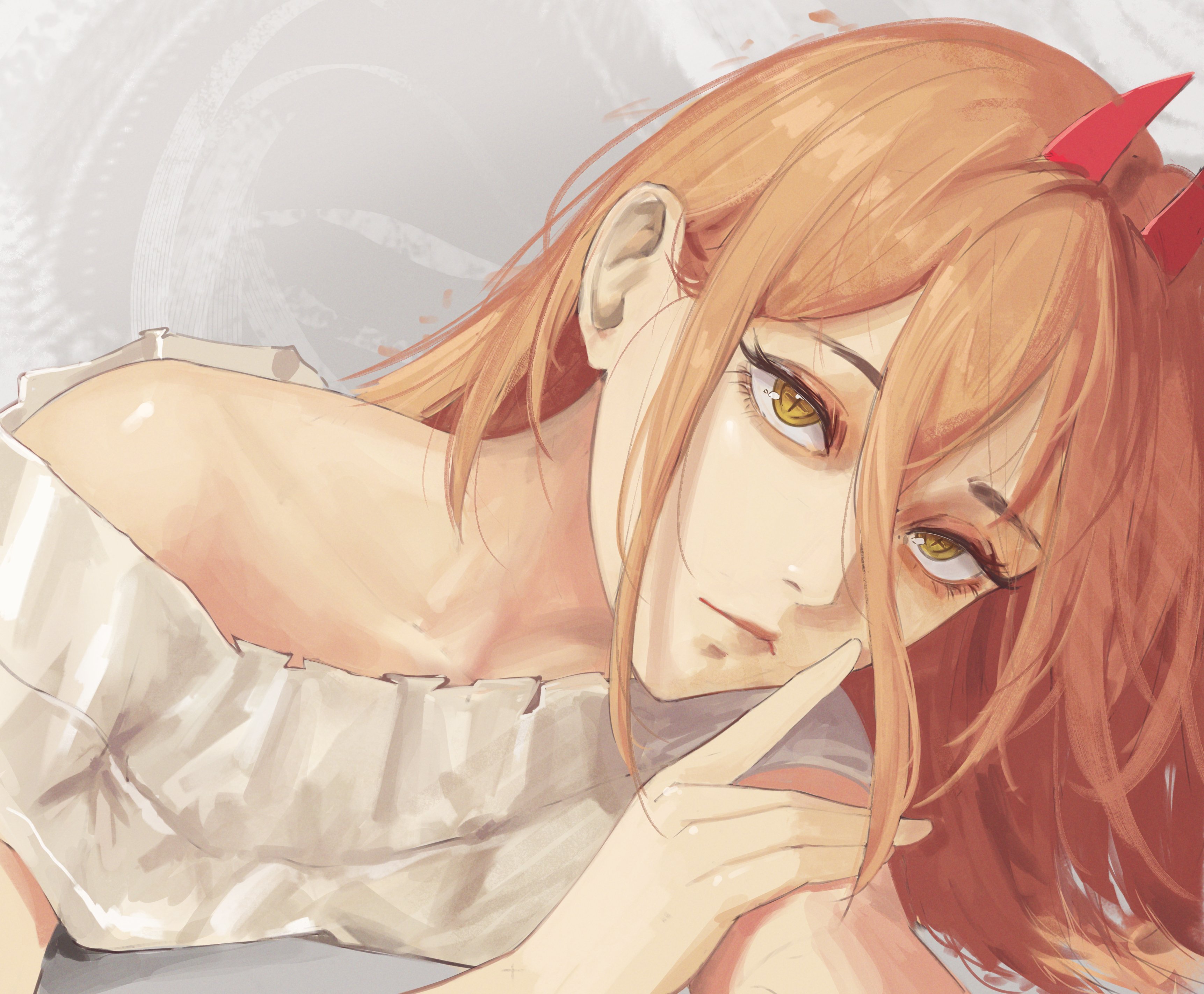 luxearte, power (chainsaw man), chainsaw man, absurdres, commentary, english commentary, highres, alternate costume, bare shoulders, blonde hair, closed mouth, collarbone, cross-shaped pupils, demon girl, hair between eyes, horns, lips, long hair, long hair between eyes, looking at viewer, lying, off-shoulder shirt, off shoulder, on stomach, portrait, red horns, shirt, symbol-shaped pupils, white shirt, yellow eyes