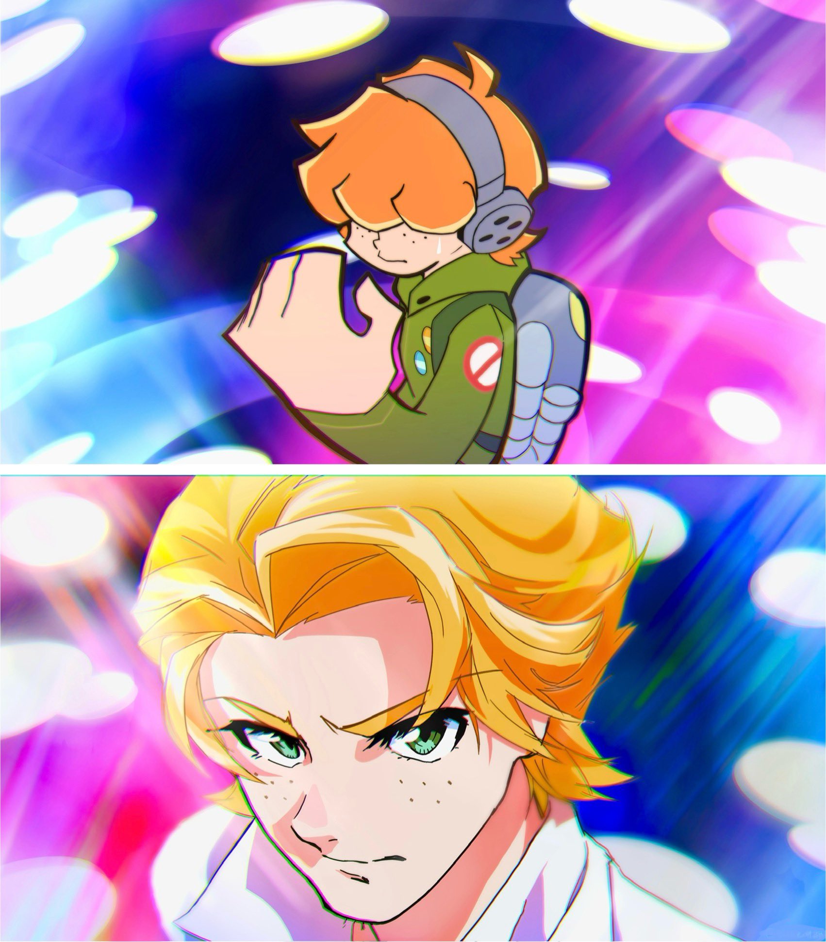 brief (psg), panty & stocking with garterbelt, highres, 1boy, freckles, gigantic penis, green eyes, green jumpsuit, hair over eyes, headphones, henshin, jumpsuit, orange hair, penis, sweat, tune933, tuxedo
