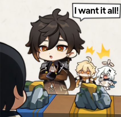 hooang18, aether (genshin impact), paimon (genshin impact), zhongli (genshin impact), genshin impact, twitter, stone, 1other, chibi, english text, rock, speech bubble, stunned