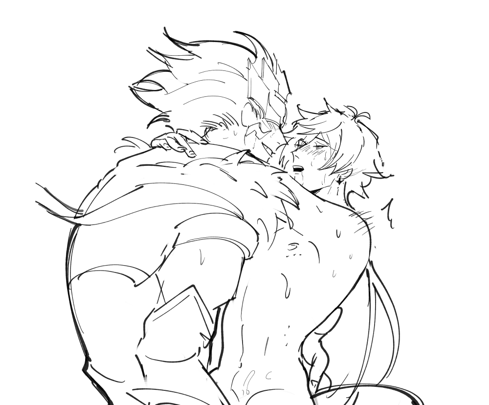 hooang18, tartaglia (genshin impact), zhongli (genshin impact), genshin impact, 2boys, arms around neck, blush, foul legacy transformation, greyscale, hug, male focus, monochrome, multiple boys, size difference, smirk, thrust lines, yaoi