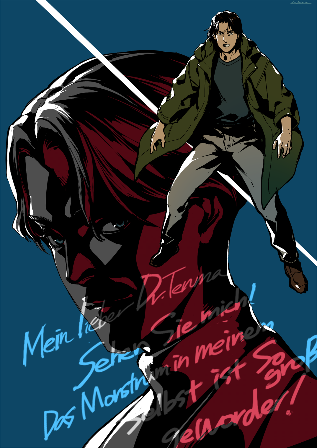 kotatsu (g-rough), johan liebert, tenma kenzou, monster (manga), highres, 2boys, blue eyes, coat, full body, german text, light smile, multiple boys, shaded face, turtleneck