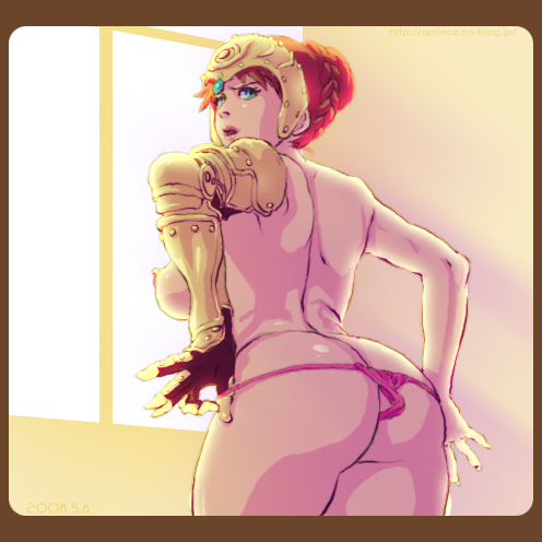 oprince, kushana, kaze no tani no nausicaa, studio ghibli, 1980s (style), lowres, 1girl, armor, ass, blue eyes, braid, breasts, female focus, headdress, large breasts, oldschool, orange hair, panties, panty pull, retro artstyle, solo, thong, underwear, undressing