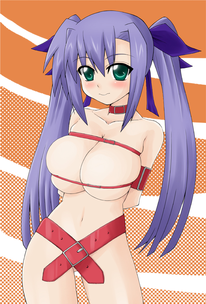 sawa (artist), sawa (snack yoshie), ginga nakajima, lyrical nanoha, mahou shoujo lyrical nanoha, mahou shoujo lyrical nanoha strikers, 00s, 1girl, armband, bdsm, belt, bondage, bound, breasts, female focus, green eyes, hair ribbon, huge breasts, long hair, naked belt, no nipples, nude, purple hair, ribbon, solo, twintails