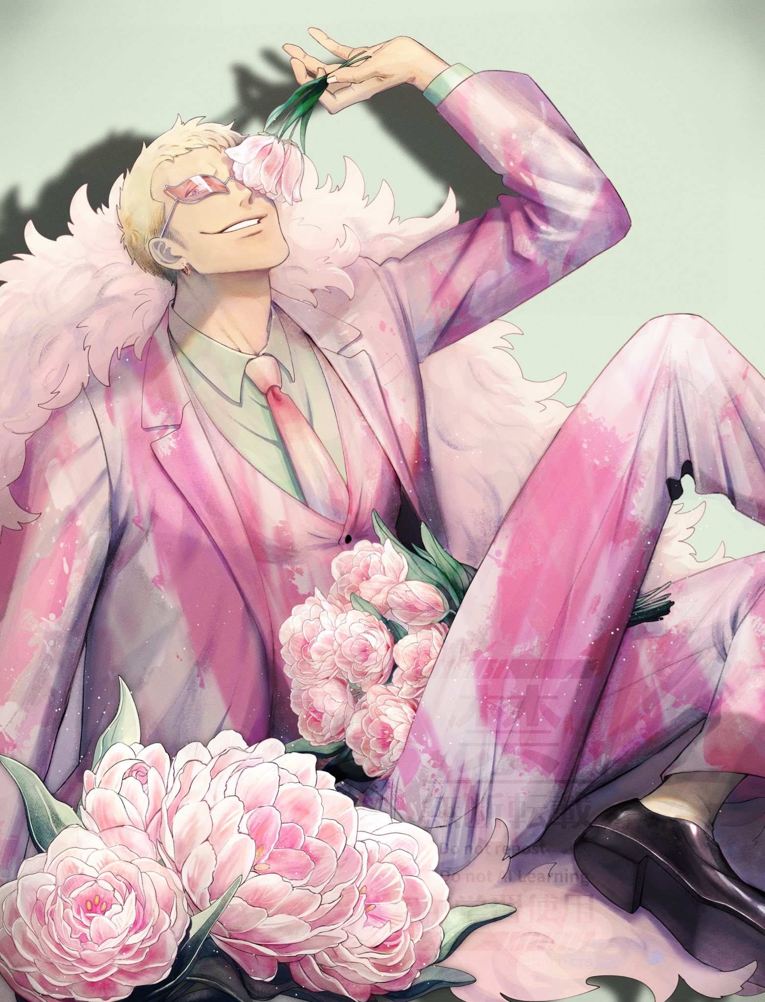 ukari, donquixote doflamingo, one piece, highres, 1boy, blonde hair, bouquet, coat, collared shirt, earrings, eyes visible through eyewear, flower, formal clothes, holding, holding flower, jewelry, looking at viewer, male focus, necktie, one eye covered, pants, pink coat, pink flower, pink necktie, pink pants, pink suit, pink tulip, pink vest, shirt, short hair, sitting, smile, suit, sunglasses, tulip, vest, white shirt