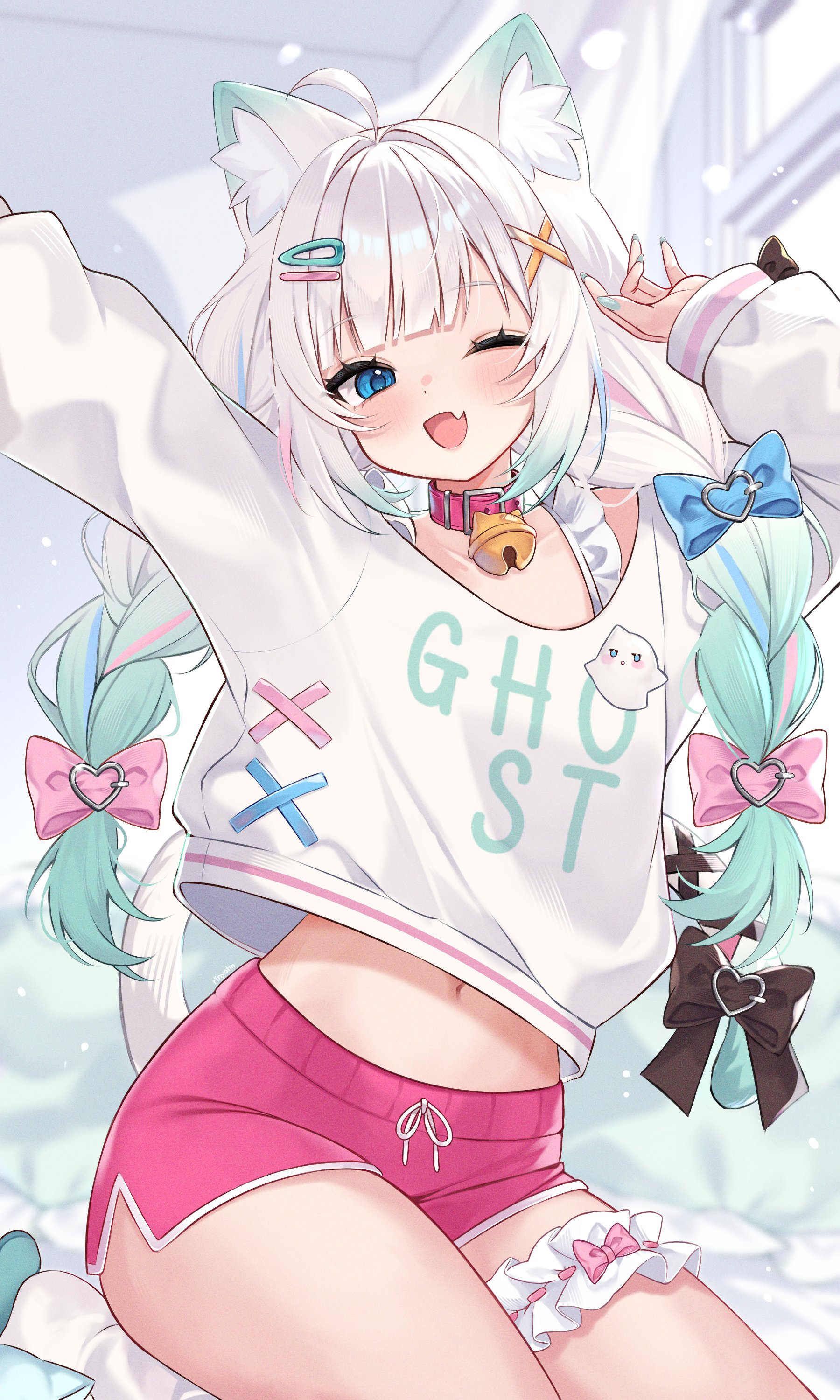 ri nyahn, mint fantome, mint fantome (otaku), indie virtual youtuber, absurdres, commentary, highres, symbol-only commentary, 1girl, ;d, ahoge, animal ear fluff, animal ears, arm up, bell, blue eyes, blue hair, bow, braid, cat ears, cat girl, cat tail, collar, dolphin shorts, fang, frilled straps, frilled thigh strap, gradient hair, green hair, hair ornament, hairclip, hand up, indoors, long hair, long sleeves, low twin braids, midriff, multicolored hair, navel, neck bell, official alternate costume, official alternate hairstyle, one eye closed, open mouth, outstretched arm, pink bow, pink collar, pink hair, pink shorts, puffy long sleeves, puffy sleeves, shorts, skin fang, slippers, smile, socks, solo, streaked hair, stretching, sweater, tail, thigh strap, twin braids, virtual youtuber, white hair, white socks, white sweater, x hair ornament