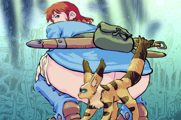 oprince, kitsunerisu, nausicaa, teto (nausicaa), kaze no tani no nausicaa, studio ghibli, 1980s (style), ass, belt pouch, bent over, boots, butt crack, censored, clothes pull, convenient censoring, curvy, from behind, huge ass, looking back, oldschool, orange eyes, orange hair, outdoors, pants, pants pull, peeing, pet, pouch, retro artstyle, sheath, short hair, solo, squatting, sword, weapon