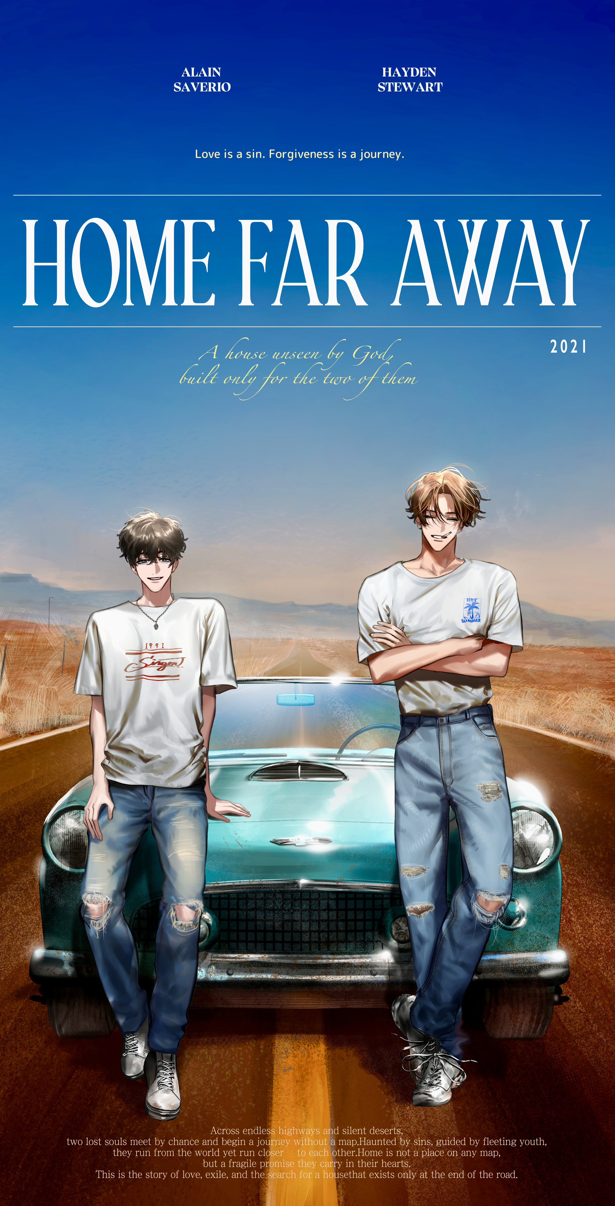 mukashi95, absurdres, copyright request, highres, 2boys, alain saverio, black hair, brown hair, car, denim, desert, english text, haruka tooki ie, hayden stewart, jeans, jewelry, motor vehicle, multiple boys, necklace, pants, road, shirt, smile, smoking, torn clothes, torn jeans, torn pants, white shirt, yaoi