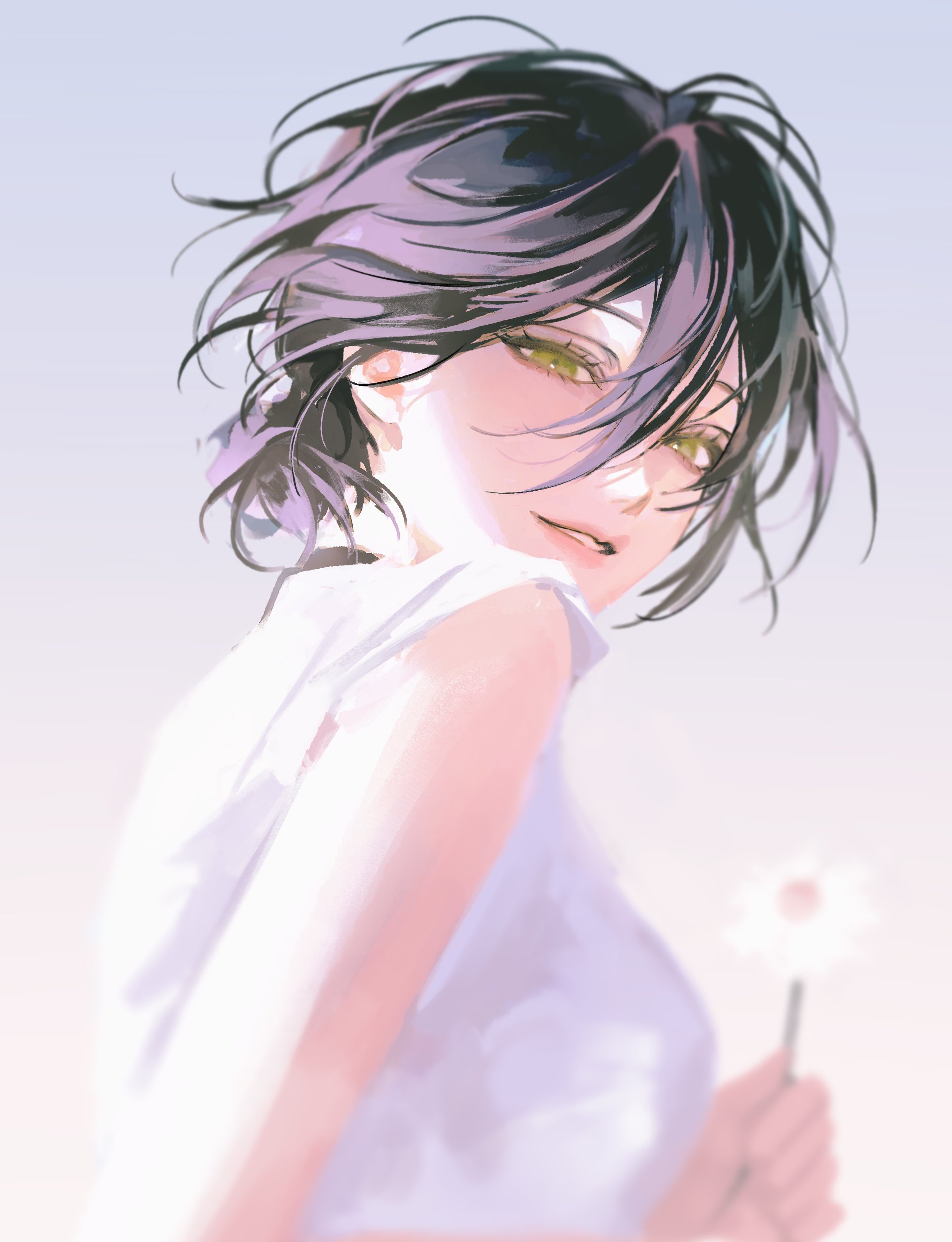 inuo (inuo x), reze (chainsaw man), chainsaw man, absurdres, highres, 1girl, black choker, breasts, choker, flower, green eyes, hair between eyes, holding, holding flower, looking at viewer, looking to the side, medium breasts, parted lips, shirt, short hair, sideboob, sleeveless, sleeveless shirt, smile, solo, swept bangs, upper body, white shirt