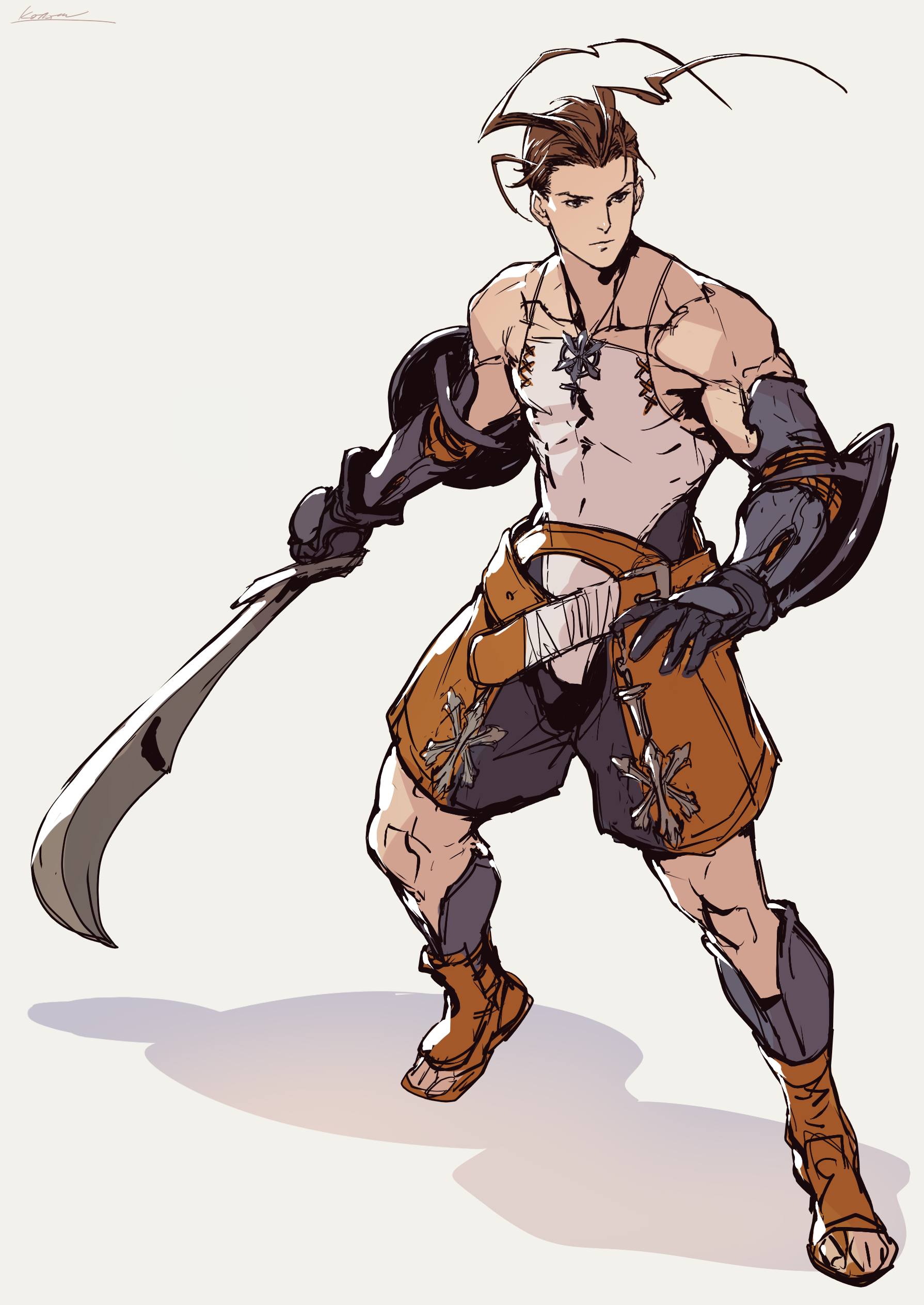 kotatsu (g-rough), ashley riot, vagrant story, absurdres, highres, 1boy, antenna hair, armor, bare shoulders, brown eyes, brown hair, full body, gauntlets, holding, holding sword, holding weapon, male focus, shorts, sketch, solo, sword, weapon