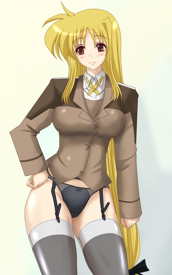 gununu (pixiv), fate testarossa, lyrical nanoha, mahou shoujo lyrical nanoha, mahou shoujo lyrical nanoha strikers, uniform, 00s, 1girl, black panties, blonde hair, bottomless, breasts, female focus, garter belt, large breasts, long hair, low-tied long hair, no pants, panties, ponytail, red eyes, solo, thighhighs, underwear, very long hair