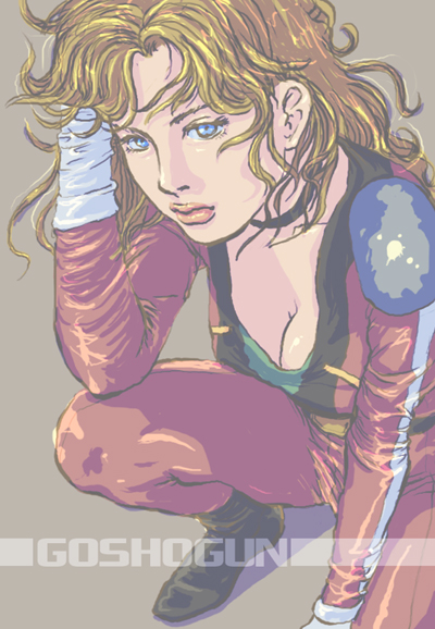 oprince, goshogun, remy shimada, sengoku majin goshogun, 1980s (style), 1girl, blonde hair, blue eyes, bodysuit, boots, breasts, choker, cleavage, female focus, large breasts, lipstick, makeup, oldschool, retro artstyle, solo