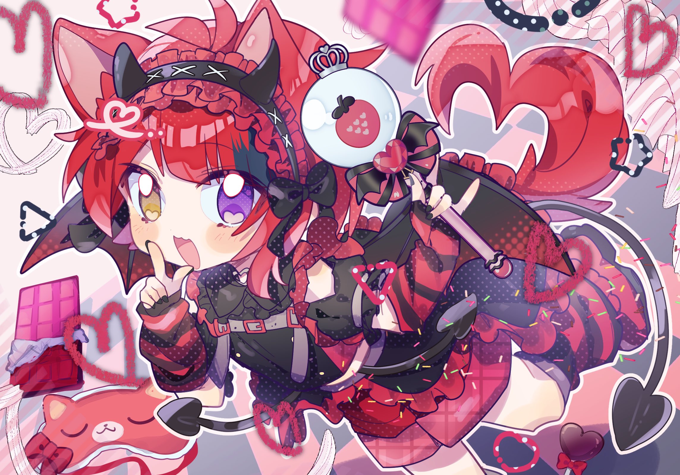 rinu (stpri), strawberry prince, highres, 1boy, animal ears, antenna hair, black bow, black headband, black horns, black nails, black wings, blush stickers, bow, candy, chest harness, chibi, chibi only, chocolate, chocolate bar, demon tail, floating, food, full body, hair between eyes, hair bow, harness, headband, heart, heterochromia, holding, holding wand, horns, index finger raised, leg warmers, looking at viewer, male focus, open mouth, pitupituta, red hair, red leg warmers, red shorts, short hair, shorts, smile, solo, tail, wand, wings