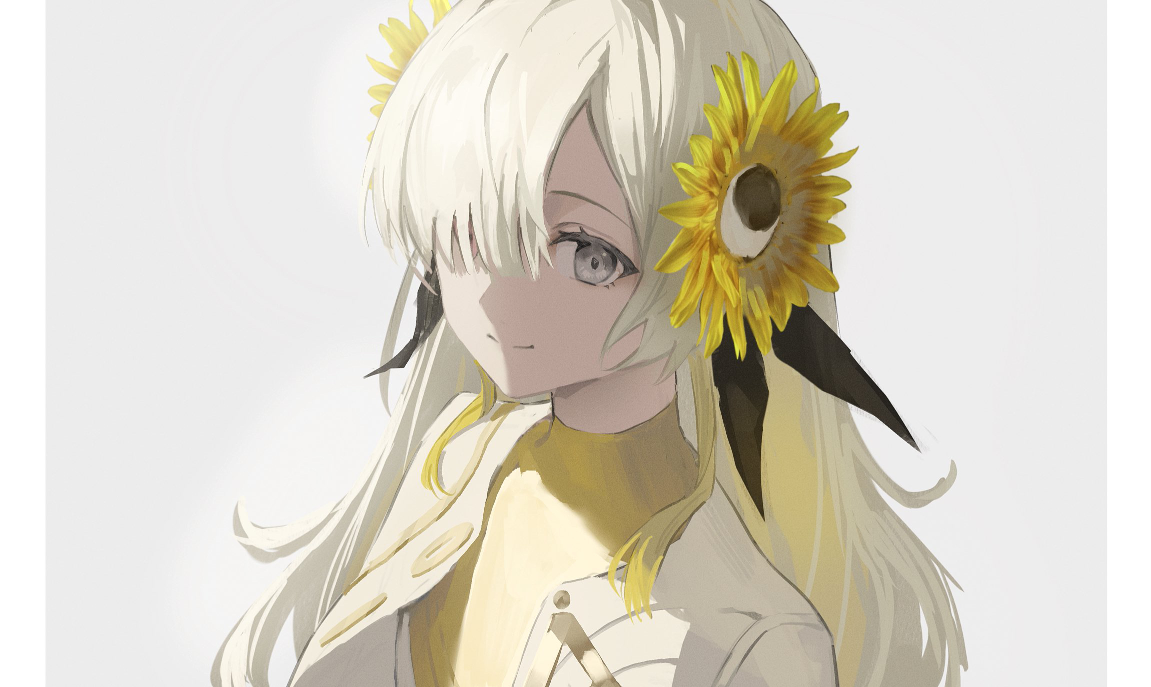 nekoreito, isekaijoucho, kamitsubaki studio, highres, 1girl, blonde hair, dress, flower, grey eyes, grey hair, hair flower, hair ornament, hair over one eye, heterochromia, long hair, looking at viewer, multicolored hair, red eyes, smile, solo, sunflower, two-tone hair, upper body, virtual youtuber