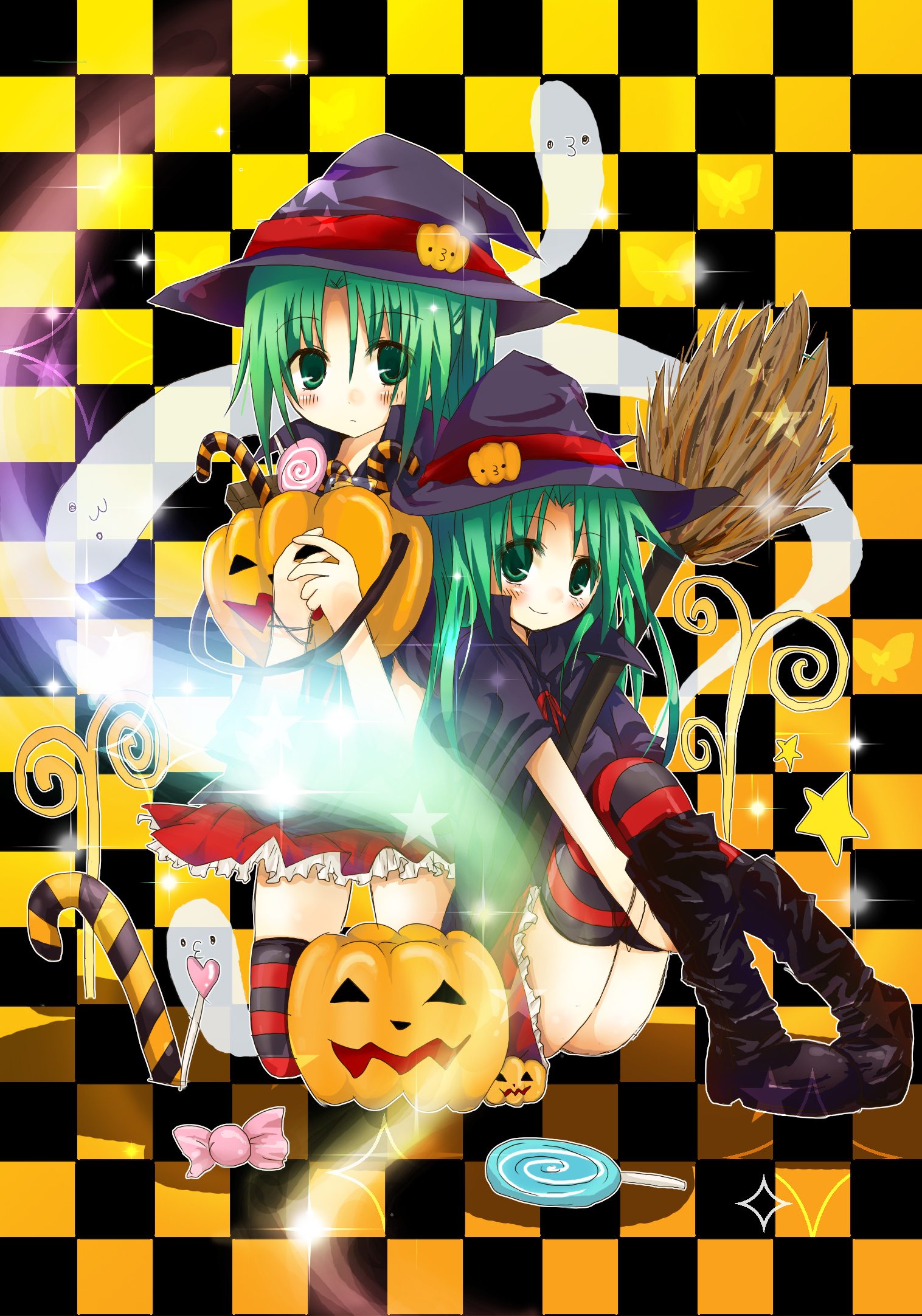 hinase haruka, sonozaki mion, sonozaki shion, higurashi no naku koro ni, striped legwear, bad id, bad pixiv id, highres, 00s, 2girls, boots, bracelet, broom, candy, candy cane, cape, dress, food, food-themed hair ornament, ghost, green eyes, green hair, hair ornament, halloween, hat, holding, holding food, holding pumpkin, holding vegetable, jack-o'-lantern, jewelry, knee boots, multiple girls, o3o, pumpkin, pumpkin hair ornament, siblings, sisters, striped clothes, striped thighhighs, thighhighs, twins, vegetable, witch hat, zettai ryouiki