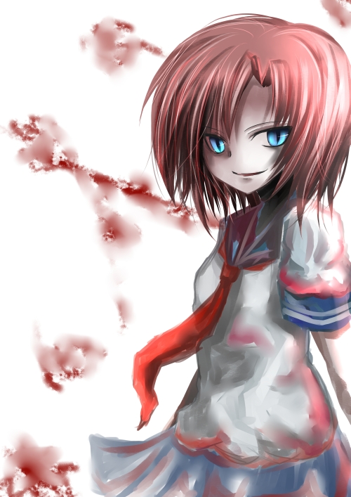 kageyama yue, ryuuguu rena, higurashi no naku koro ni, bad id, bad pixiv id, 00s, blood, blue eyes, red hair, school uniform, serafuku, short hair, solo, yandere
