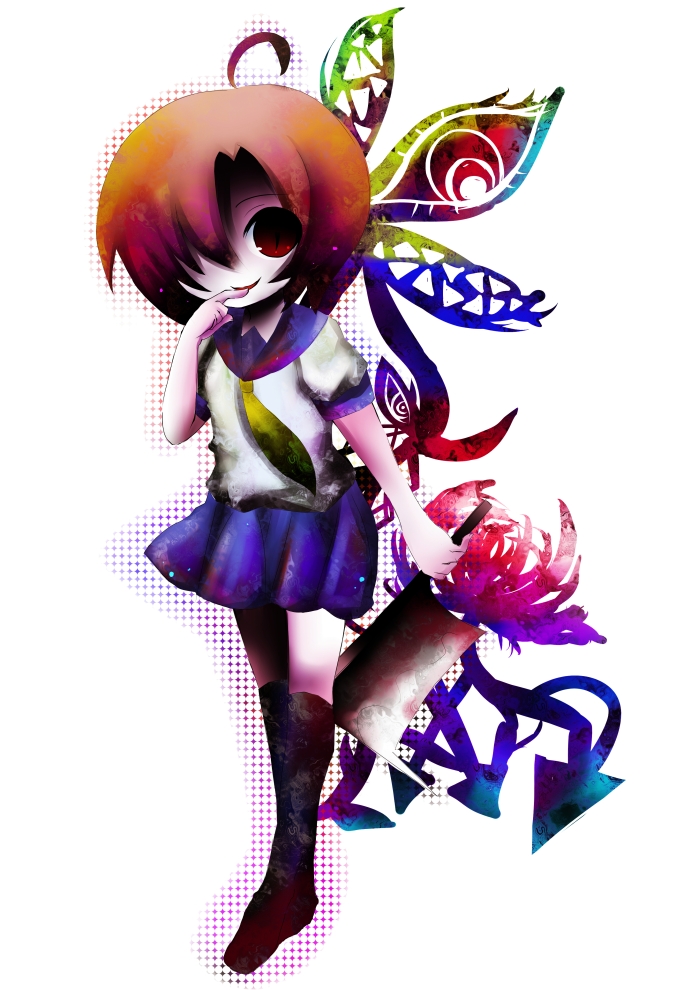 kageyama yue, ryuuguu rena, higurashi no naku koro ni, bad id, bad pixiv id, 00s, 1girl, ahoge, billhook, female focus, hashitsuki nata, hatchet, kneehighs, nata (tool), orange hair, red eyes, school uniform, serafuku, short hair, socks, solo