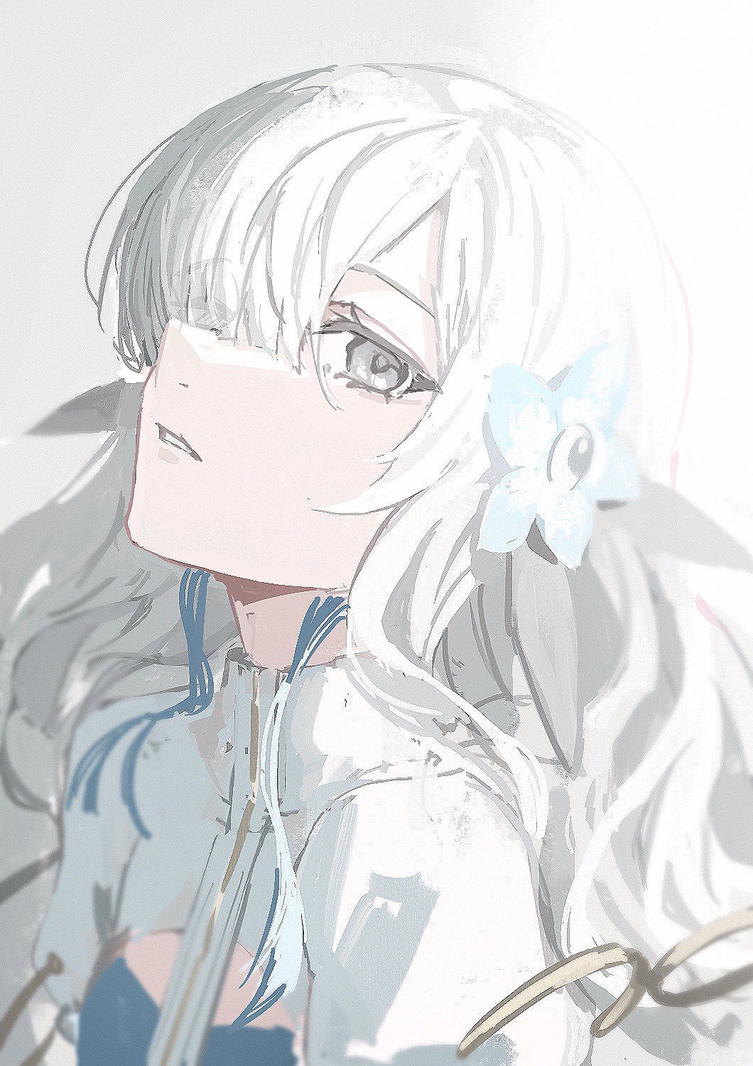 nekoreito, isekaijoucho, kamitsubaki studio, highres, 1girl, dress, flower, grey eyes, hair flower, hair ornament, hair over one eye, long hair, looking at viewer, parted lips, sketch, solo, upper body, white hair