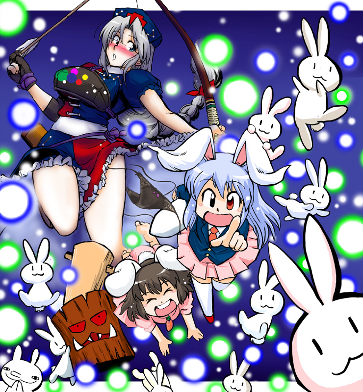 azuki osamitsu, inaba tewi, reisen udongein inaba, yagokoro eirin, touhou, 3girls, animal ears, arrow (projectile), blush, bow (weapon), danmaku, female focus, food, hammer, hat, kine, long hair, mallet, mochi, multiple girls, rabbit, rabbit ears, too many, too many rabbits, wagashi, weapon