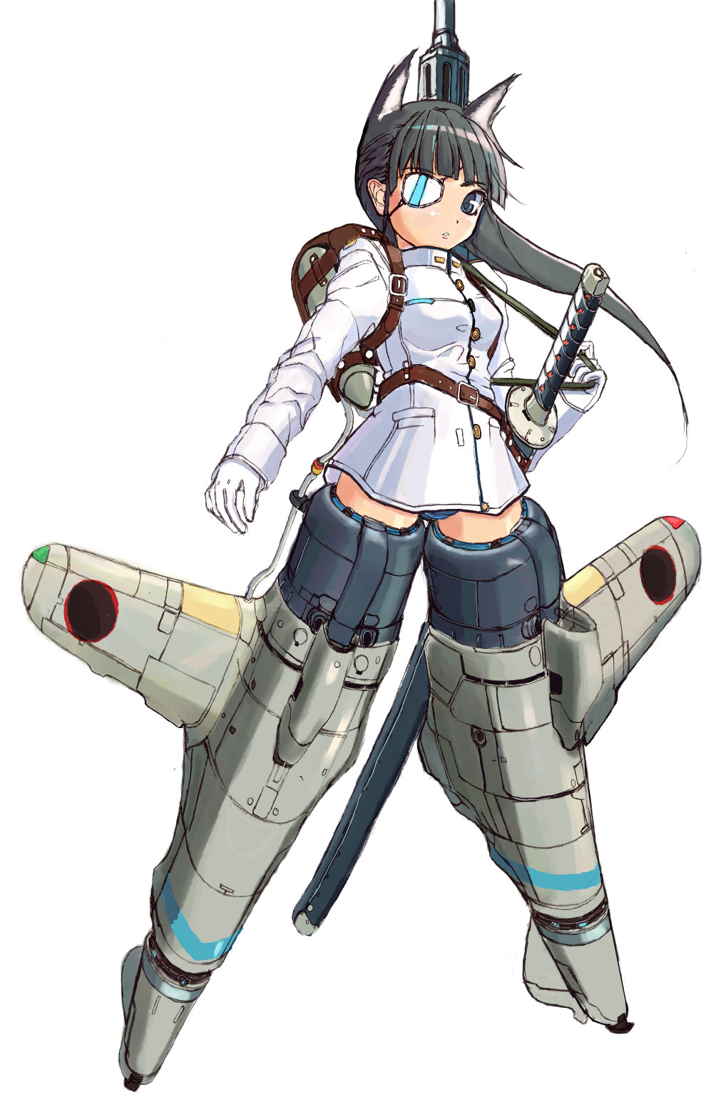 soukaa (artist), soukaa (golden sash), sakamoto mio, strike witches, world witches series, highres, 00s, 1girl, animal ears, black hair, eyepatch, female focus, solo, striker unit, sword, weapon