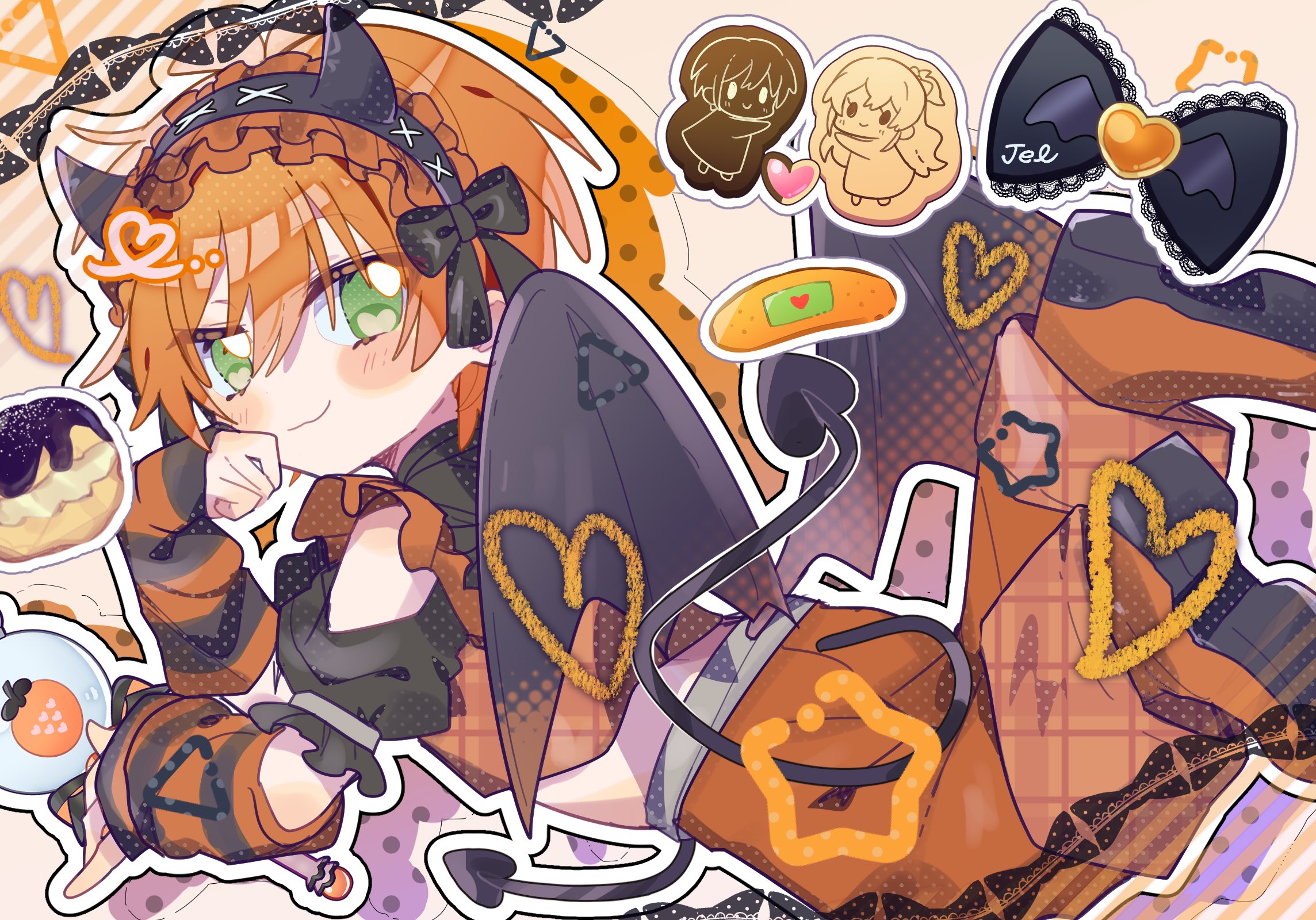 jel (stpri), strawberry prince, commentary, highres, 1boy, black bow, black headband, black wings, blush stickers, bow, character name, chibi, chibi only, closed mouth, demon tail, fake horns, frilled headwear, green eyes, hair between eyes, headband, heart, horns, looking at viewer, looking back, lying, male focus, on stomach, orange hair, orange pants, pants, pitupituta, short hair, smile, solo, star (symbol), striped arm warmers, tail, wings