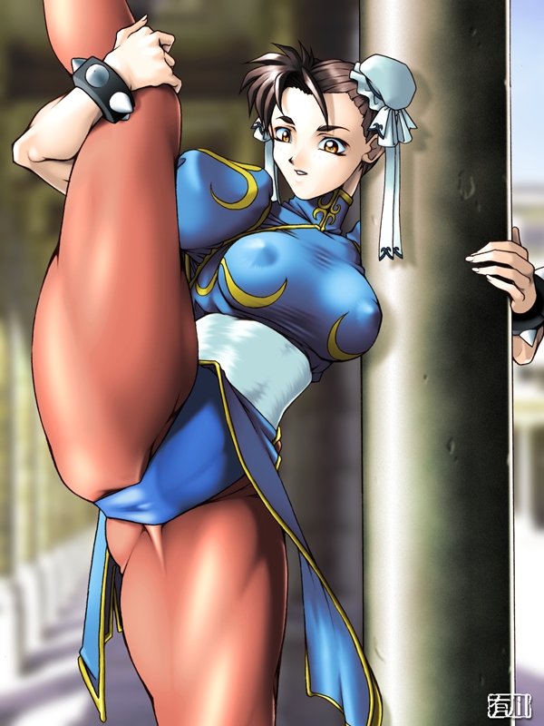 qkat (arikawa-dou), chun-li, capcom, street fighter, 1girl, breasts, bun cover, cameltoe, china dress, chinese clothes, covered erect nipples, crotch, double bun, dress, female focus, hair bun, large breasts, leg lift, pantyhose, pelvic curtain, solo, spread legs, thick thighs, thighs