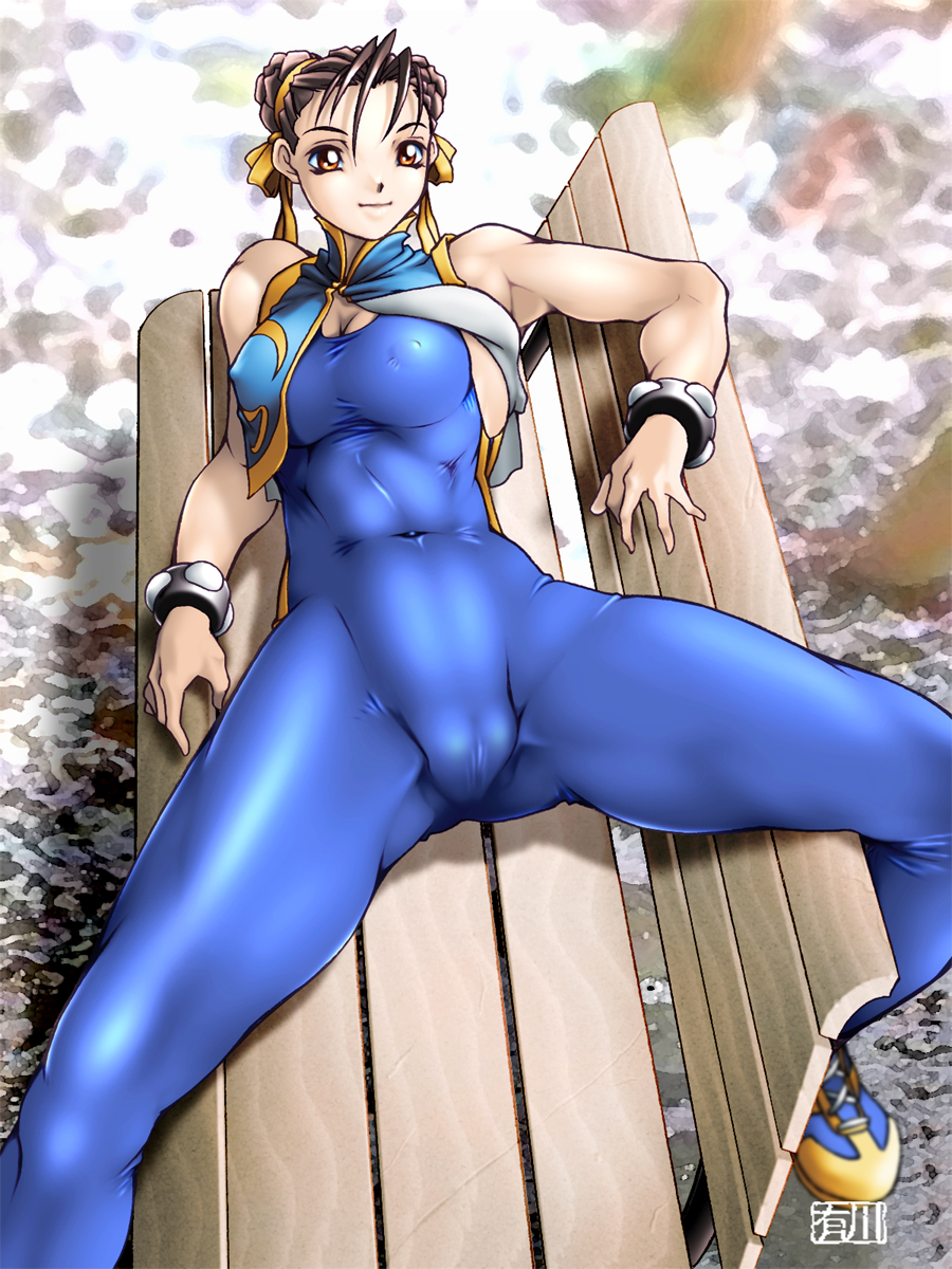 qkat (arikawa-dou), chun-li, capcom, street fighter, highres, 1girl, bodysuit, breasts, cameltoe, cropped jacket, female focus, naughty face, no bra, no panties, small breasts, solo, spread legs, thick thighs, thighs, tight clothes, unitard