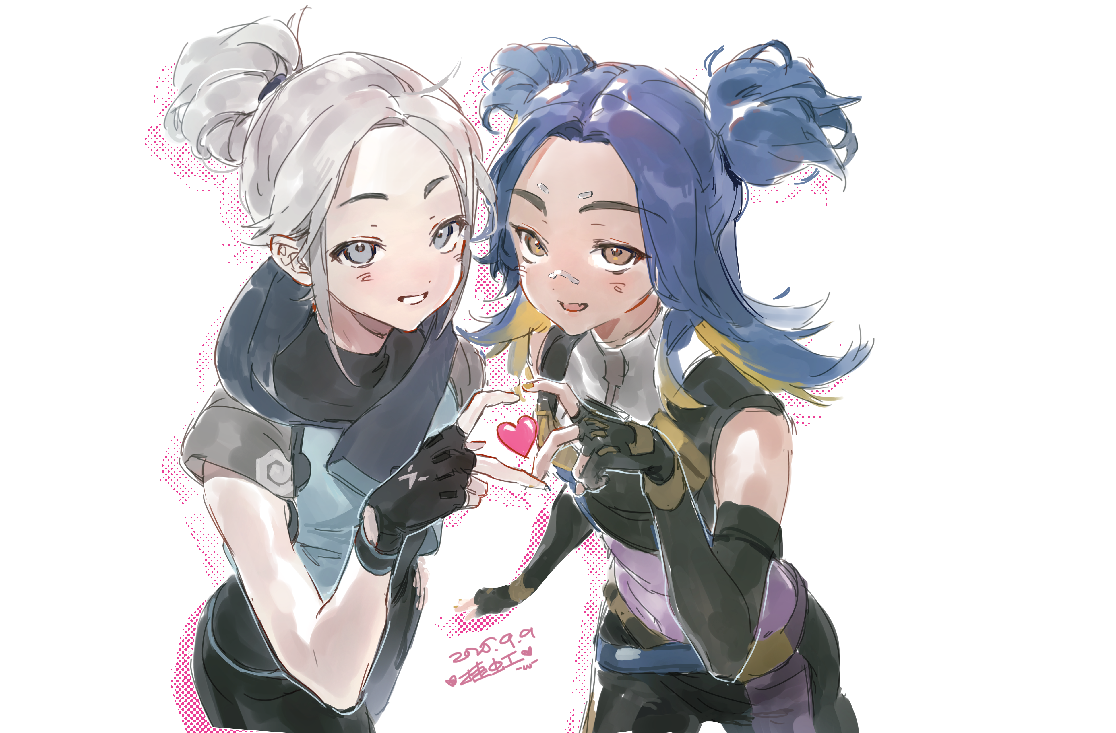 original, absurdres, highres, 2girls, blonde hair, blue eyes, blue hair, heart, high ponytail, krraaa2.0, multiple girls, ponytail, smile, white hair, yellow eyes, yuri