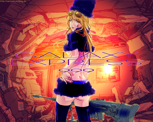oprince, maetel, ginga tetsudou 999, 1girl, ass, blonde hair, blue eyes, breasts, female focus, fur hat, gun, hat, machine gun, panties, skirt, small breasts, solo, sunglasses, thighhighs, thong, underboob, underwear, weapon