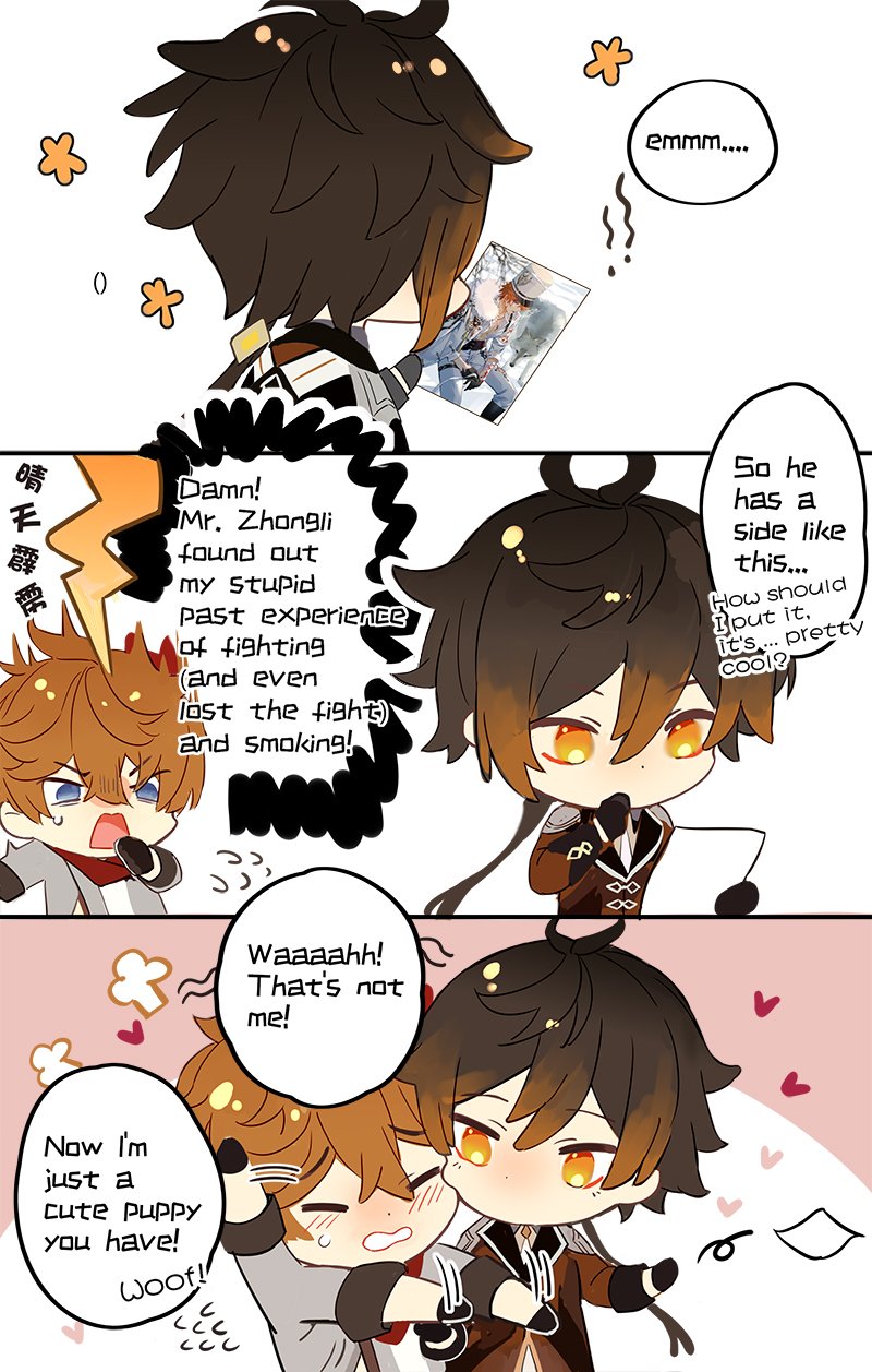 qing, tartaglia (genshin impact), zhongli (genshin impact), genshin impact, twitter, 2boys, blush, chibi, english text, heart, holding, holding picture frame, multiple boys, picture frame, speech bubble, white background, yaoi