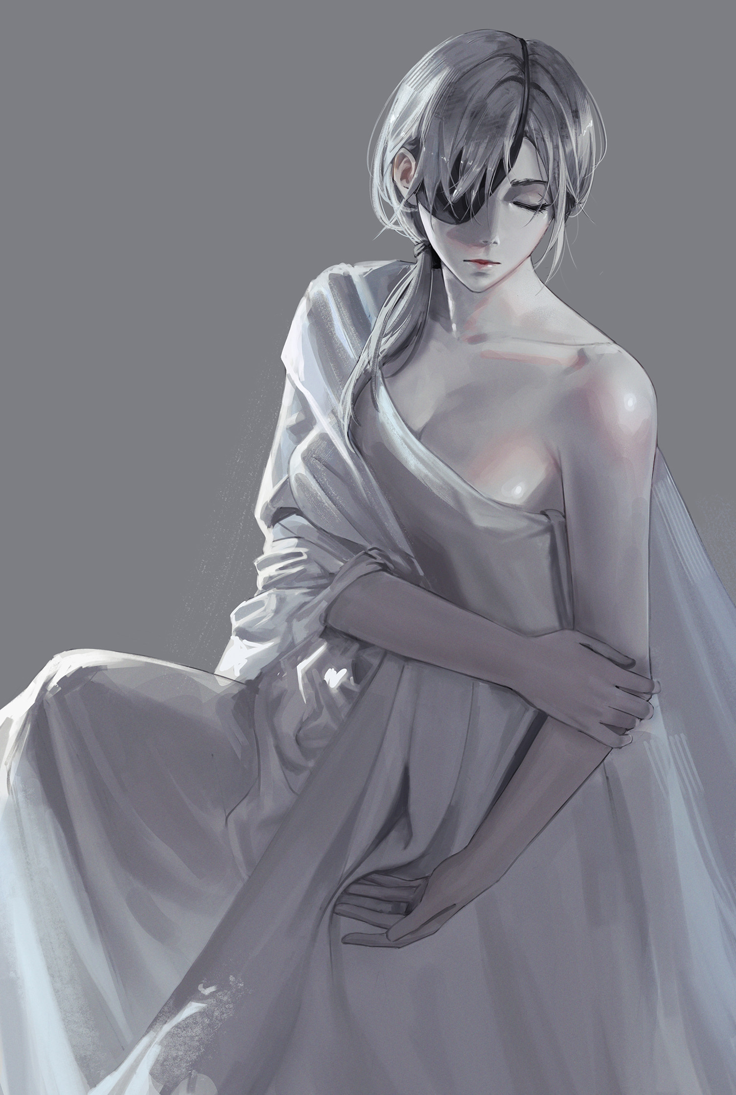 luxearte, quanxi (chainsaw man), chainsaw man, commentary, english commentary, highres, 1girl, breasts, cleavage, closed eyes, closed mouth, collarbone, dress, eyepatch, grey hair, holding own arm, large breasts, lips, long dress, short hair, single bare shoulder, single off shoulder, sitting, solo, white dress