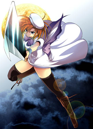 suzuragi karin, ryuuguu rena, higurashi no naku koro ni, lowres, non-web source, 00s, 1girl, billhook, boots, dress, female focus, hashitsuki nata, hat, hatchet, jumping, moon, nata (tool), orange hair, short hair, solo, thighhighs