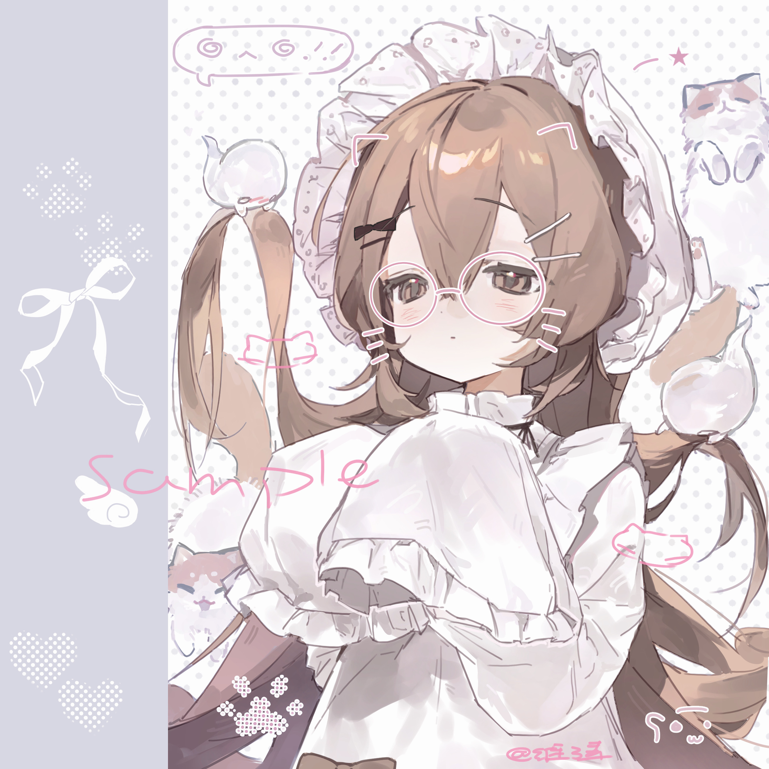 original, absurdres, highres, black bow, blush, bow, brown eyes, brown hair, cat, dress, glasses, hair between eyes, hair bow, hair ornament, krraaa2.0, white dress