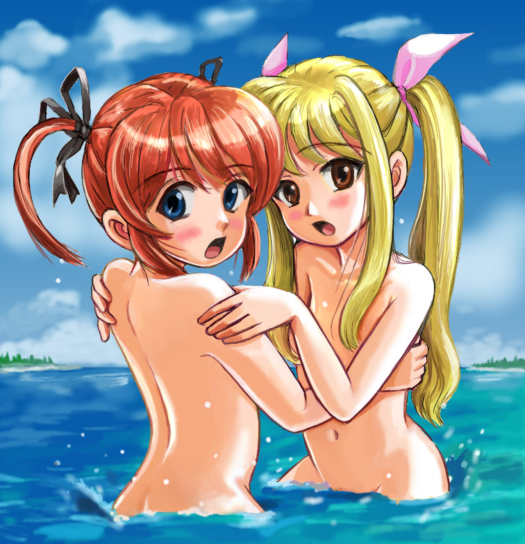 ren-chan, fate testarossa, takamachi nanoha, lyrical nanoha, mahou shoujo lyrical nanoha, commentary request, 00s, 2girls, :o, back, blonde hair, blue eyes, blue sky, blush, brown eyes, censored, cloud, cloudy sky, convenient censoring, cowboy shot, day, embarrassed, flat chest, from side, grabbing another's arm, hair censor, hair over breasts, hair ribbon, hug, loli, long hair, looking at viewer, looking back, multiple girls, navel, nude, ocean, open mouth, outdoors, public indecency, public nudity, red hair, ribbon, short hair, short twintails, sidelocks, sky, standing, surprised, twintails, wading, water, yuri