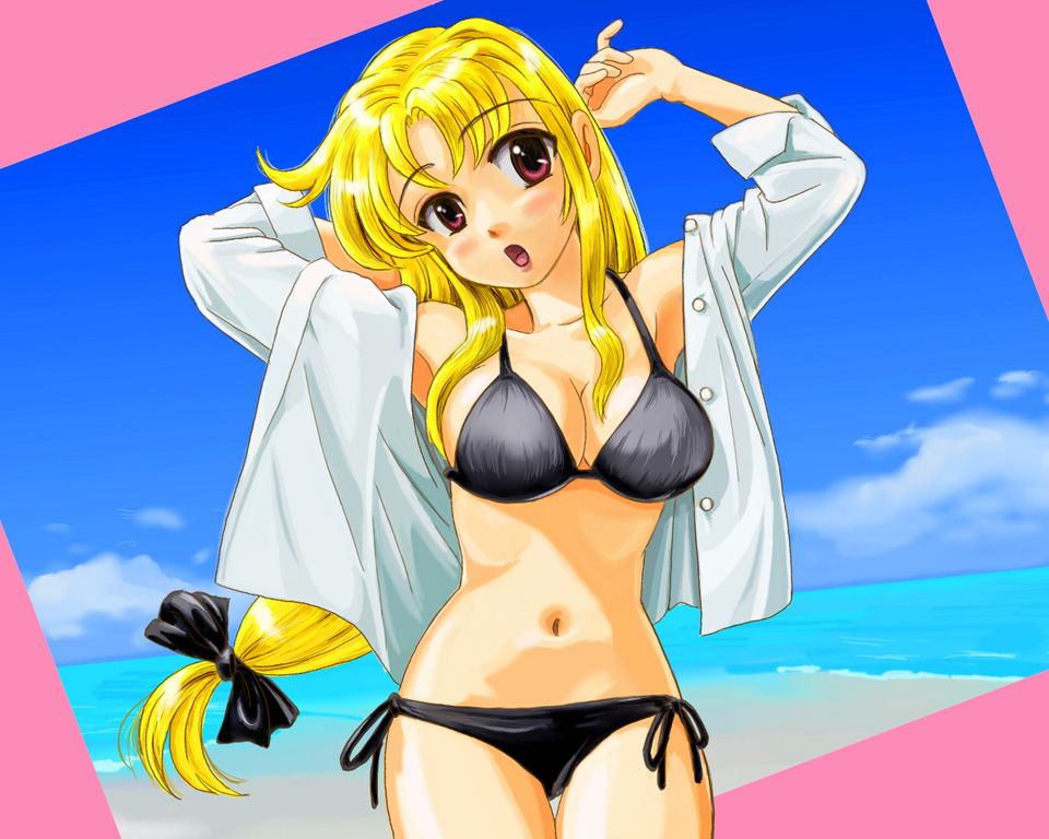 ren-chan, fate testarossa, lyrical nanoha, mahou shoujo lyrical nanoha, mahou shoujo lyrical nanoha strikers, 00s, 1girl, arms behind back, beach, bikini, black bikini, blonde hair, bow, breasts, cleavage, day, female focus, hair bow, large breasts, long hair, low-tied long hair, midriff, navel, ocean, open clothes, open shirt, outdoors, ponytail, red eyes, shirt, side-tie bikini bottom, sleeves rolled up, solo, swimsuit, thigh gap, thighs, very long hair
