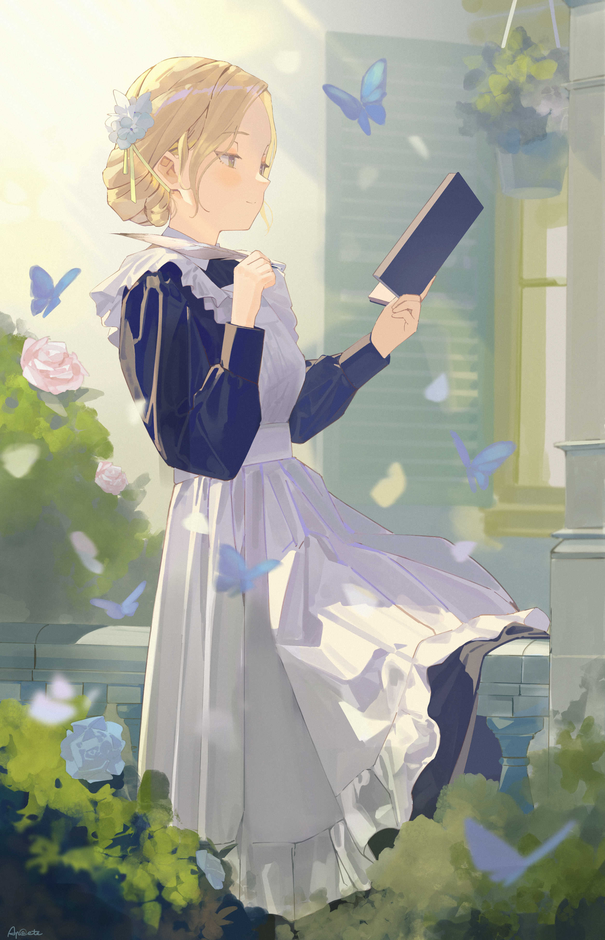 original, absurdres, commentary, english commentary, highres, 1girl, apron, black dress, blonde hair, blue butterfly, book, bug, bush, butterfly, closed mouth, dress, flower, hair flower, hair ornament, holding, holding book, holding quill, insect, konerluv, long sleeves, maid, maid apron, outdoors, pink flower, plant, potted plant, quill, short hair, smile, solo, white apron