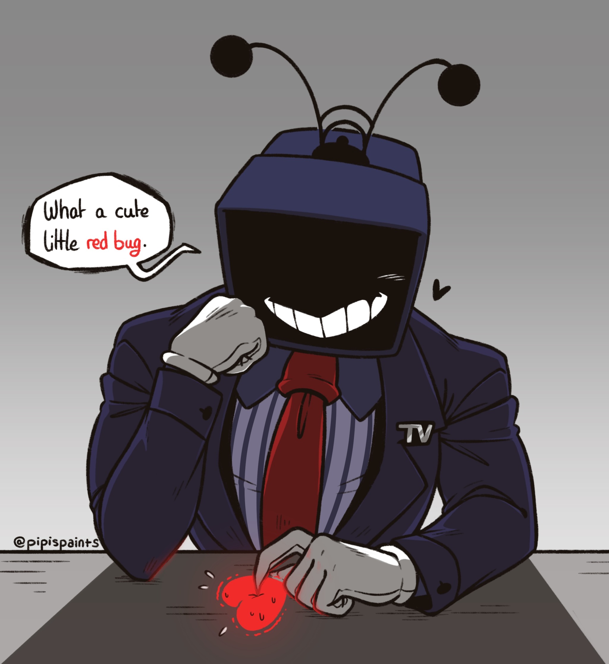 ant tenna, soul (deltarune), deltarune, utdr (toby fox), commentary, english commentary, highres, 1boy, black jacket, blush, collared shirt, crt, defernull, elbow on table, english text, flying sweatdrops, gloves, grey background, heart, jacket, male focus, necktie, object head, pinstripe pattern, pinstripe shirt, pipispaints, radio antenna, red necktie, shirt, smile, sweat, table, teeth, twitter username, white gloves, white shirt