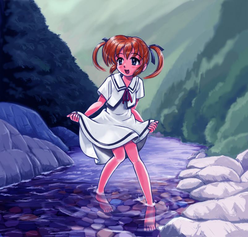 ren-chan, takamachi nanoha, lyrical nanoha, mahou shoujo lyrical nanoha, 00s, 1girl, barefoot, blue eyes, brown hair, clothes lift, dress, dress lift, female focus, hair ribbon, nature, ribbon, school uniform, serafuku, skirt hold, soaking feet, solo, twintails, wading, water