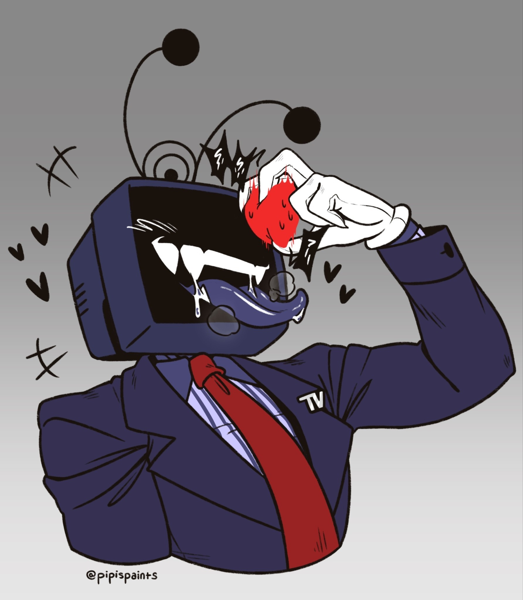 ant tenna, soul (deltarune), deltarune, utdr (toby fox), commentary, english commentary, highres, 1boy, black jacket, black tongue, blush, collared shirt, cropped torso, crt, defernull, gloves, grey background, jacket, male focus, necktie, object head, pinstripe pattern, pinstripe shirt, pipispaints, radio antenna, red necktie, saliva, shirt, smile, steam, sweat, teeth, tongue, tongue out, twitter username, white gloves