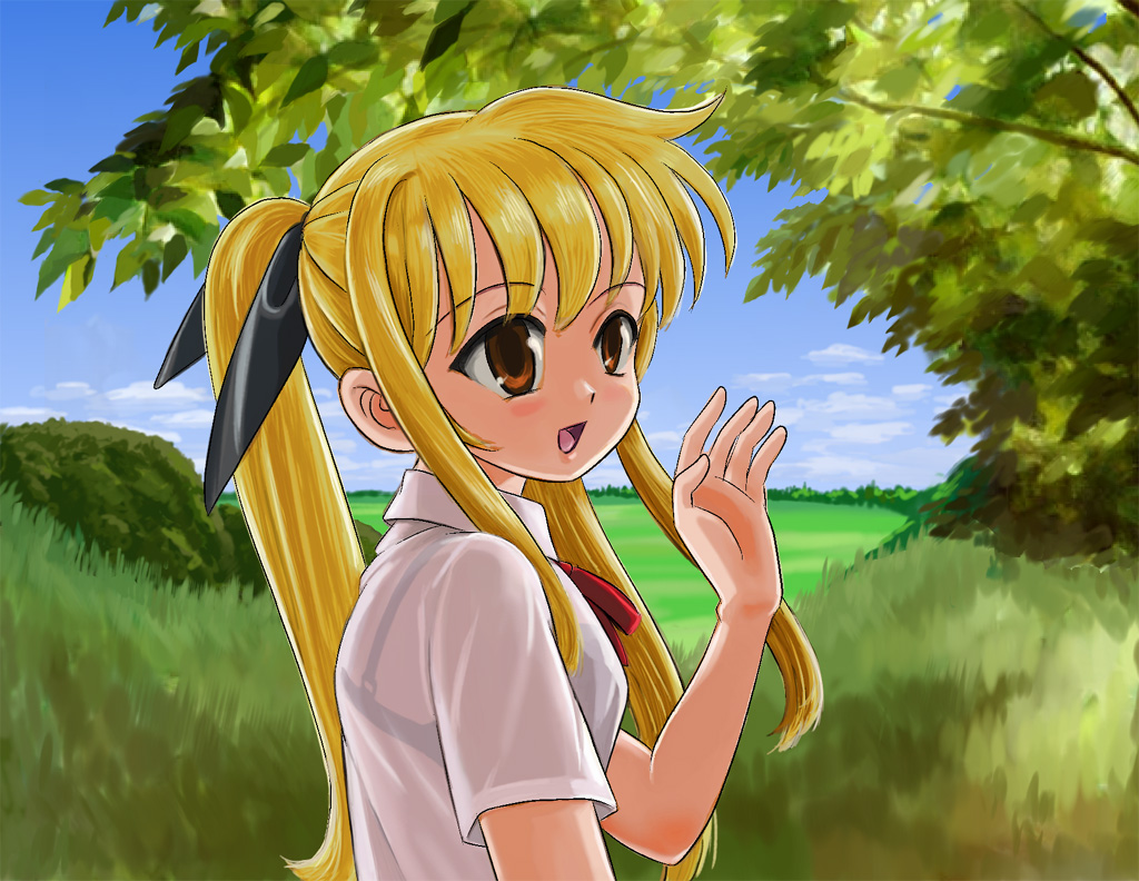 ren-chan, fate testarossa, lyrical nanoha, mahou shoujo lyrical nanoha, 00s, blonde hair, bra, brown eyes, hair ribbon, lingerie, long hair, nature, ribbon, see-through clothes, smile, solo, twintails, underwear, waving