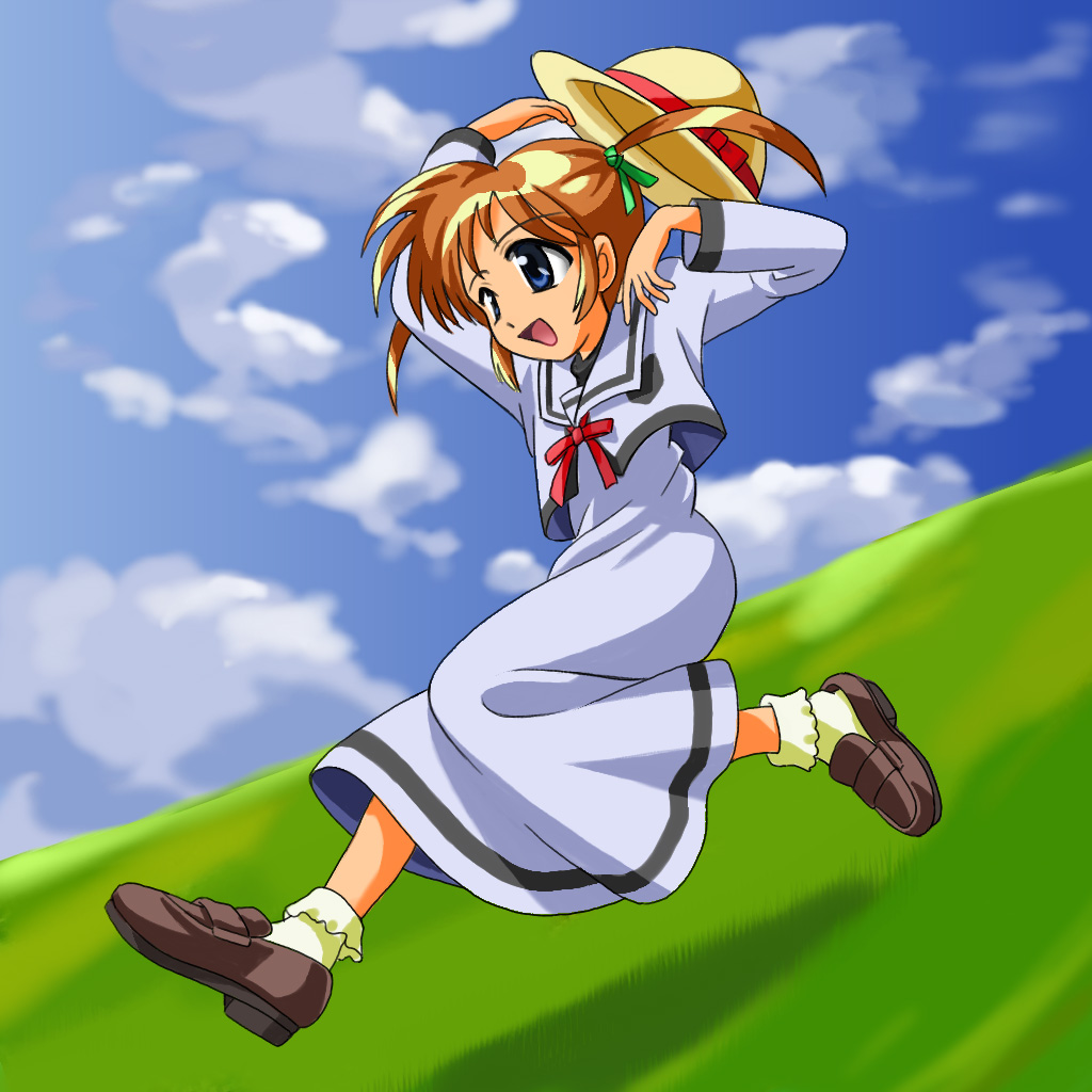 ren-chan, takamachi nanoha, lyrical nanoha, mahou shoujo lyrical nanoha, 00s, blue eyes, brown hair, hair ribbon, hat, ribbon, running, school uniform, serafuku, solo, twintails