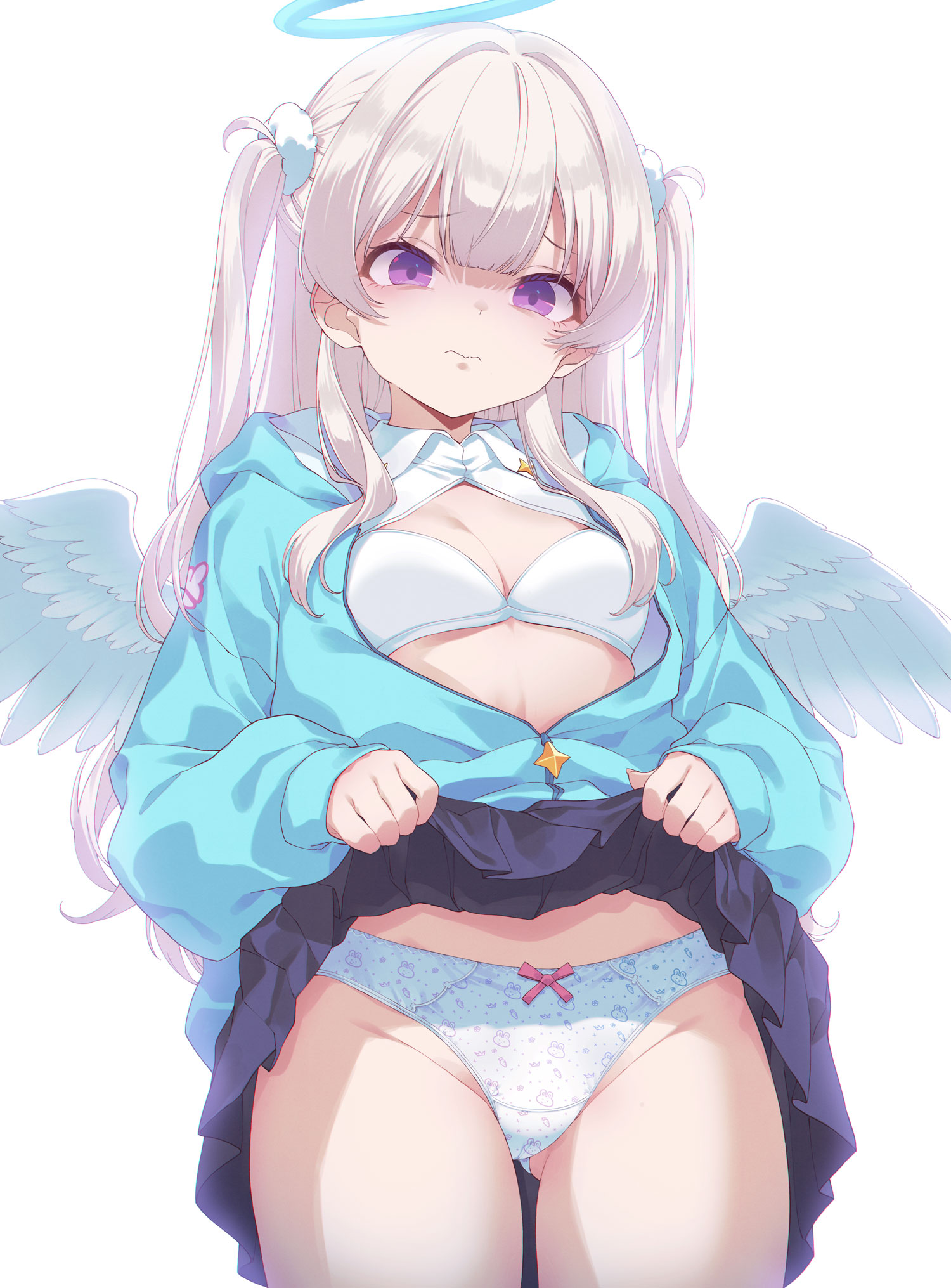 40hara, original, commentary request, highres, 1girl, angel wings, blue halo, blue hoodie, blue skirt, bra, breasts, center-flap bangs, closed mouth, clothes lift, collared shirt, cowboy shot, embarrassed, feathered wings, furrowed brow, gluteal fold, grey hair, hair ornament, halo, hood, hoodie, lifting own clothes, long hair, long sleeves, looking at viewer, medium breasts, open clothes, open shirt, panties, partially unzipped, pleated skirt, print panties, puffy long sleeves, puffy sleeves, purple eyes, shirt, simple background, skirt, skirt lift, solo, standing, traditional halo, twintails, underwear, very long hair, wavy mouth, white background, white bra, white panties, white shirt, white wings, wings, zipper pull tab